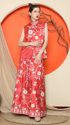 KANZI COLLECTION | Red Cheongsam Floral Vest With Floral Skirt