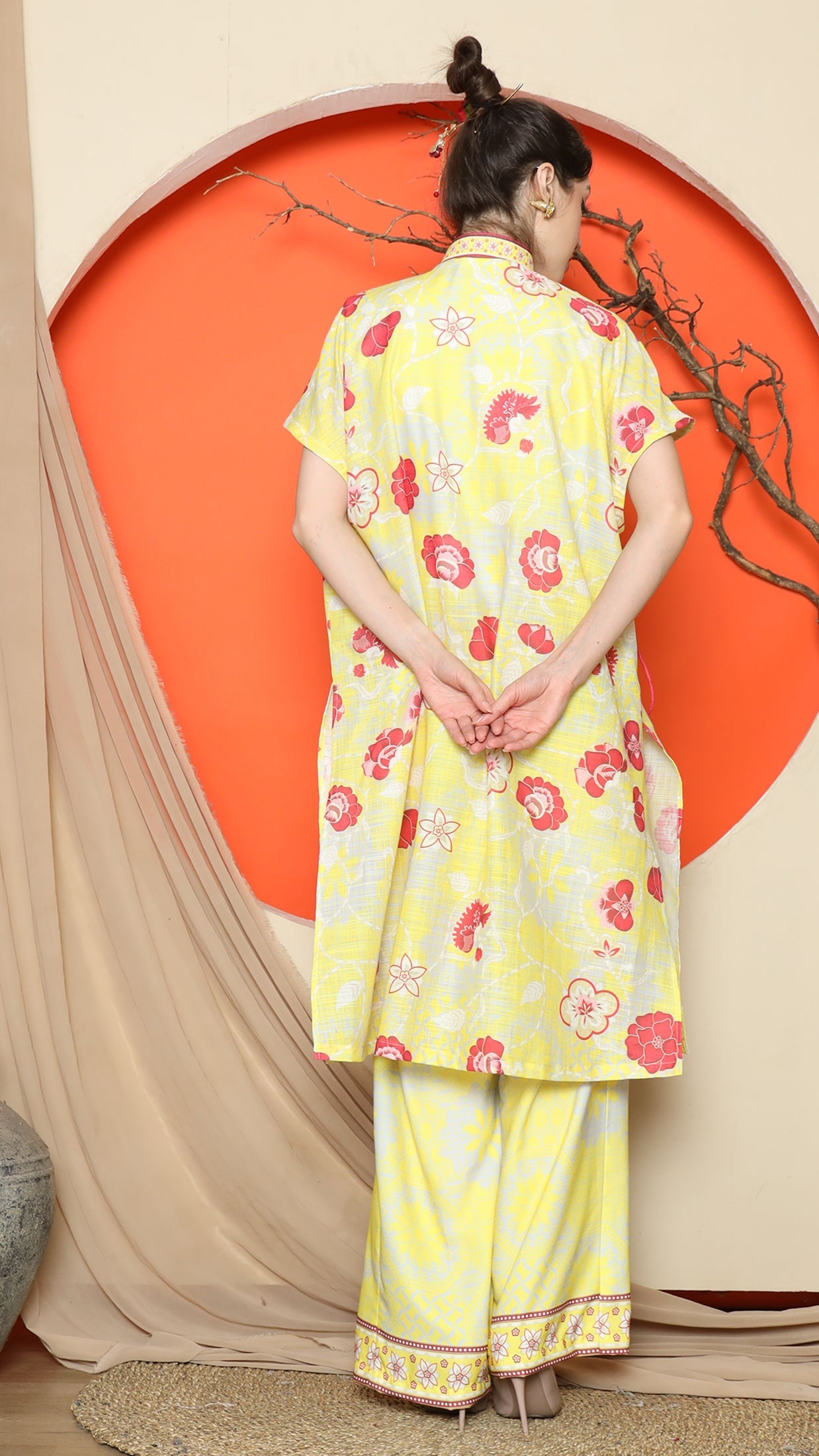 KANZI COLLECTION | Yellow Oriental Floral Cheongsam Pant Set