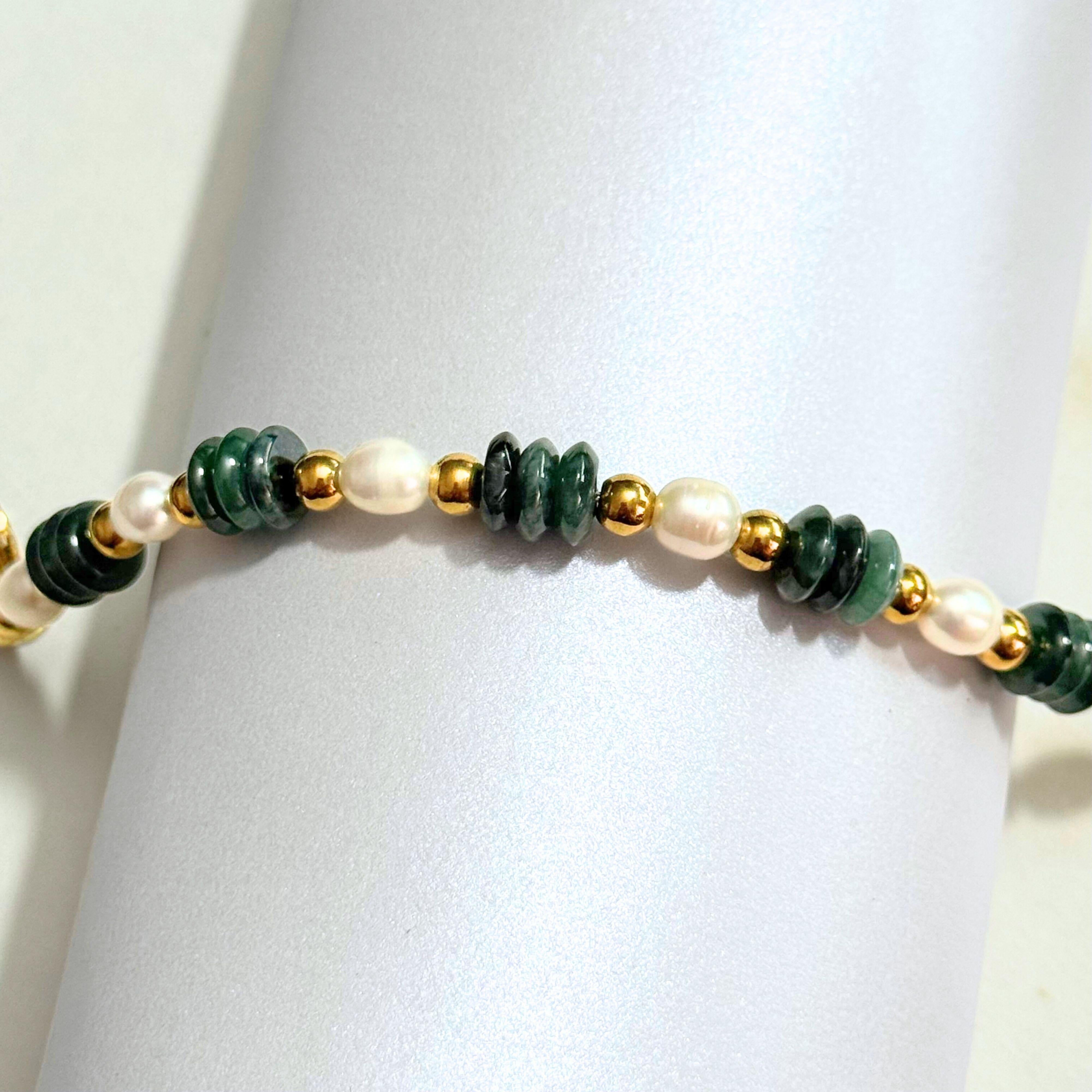 THE ANTECEDANT STORE | B - Dark Green Disc Burmese Jade With Pearl Bracelet
