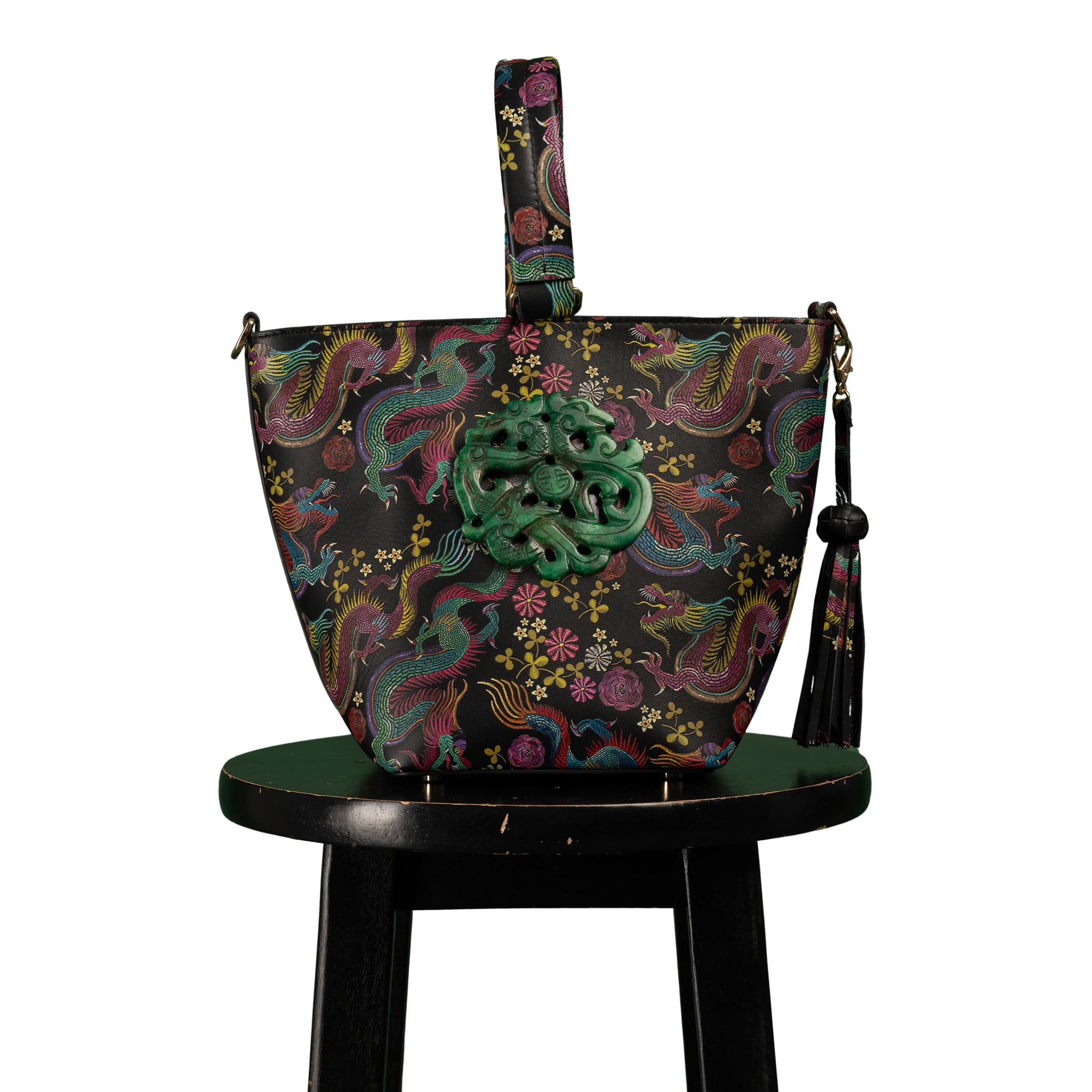 DESTI SAINT | Noora Bucket Crossbody | Dragon Print Leather w Green Jade Stone Ingot