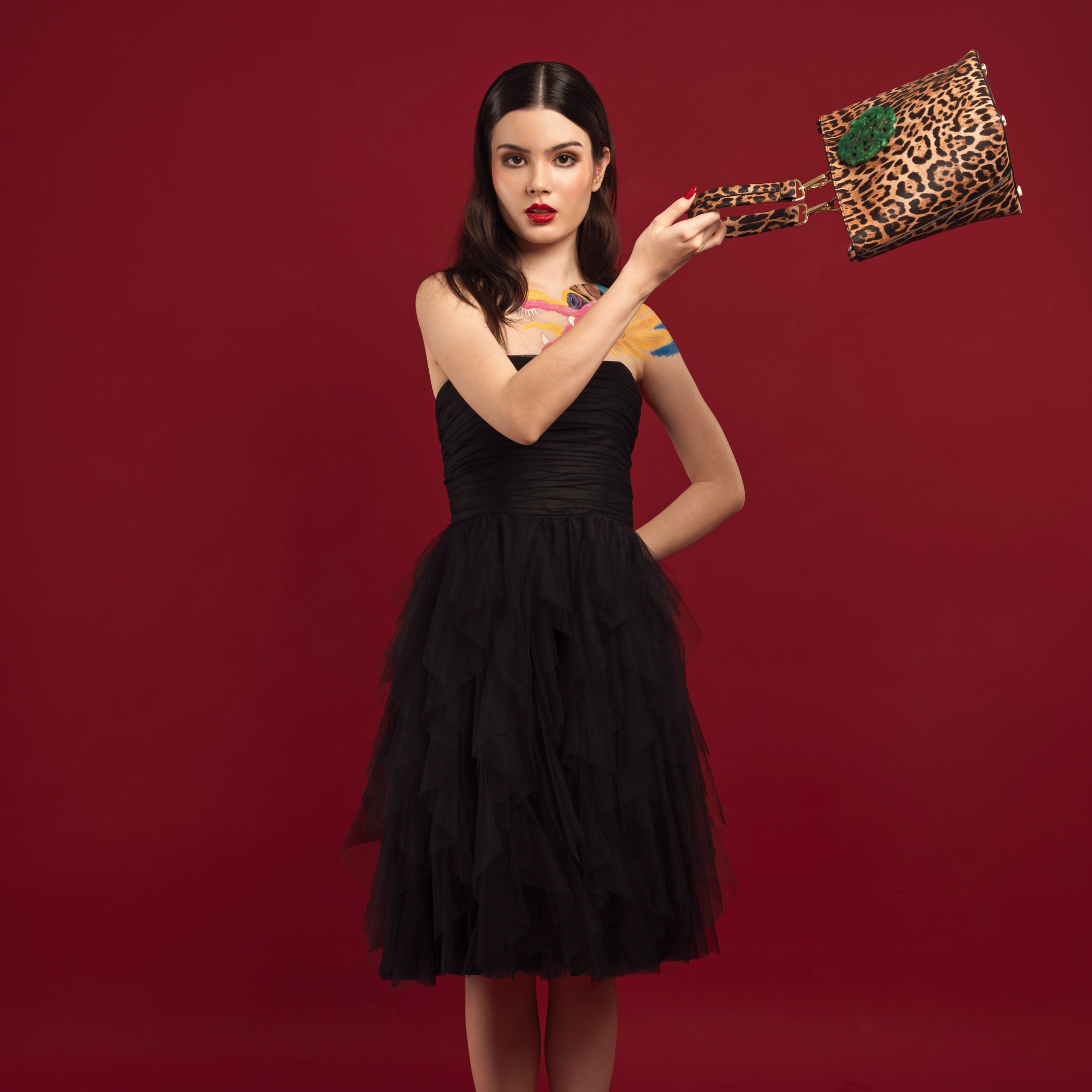 DESTI SAINT | Noora Bucket Crossbody | Leopard Print Leather w Green Jade Stone Ingot