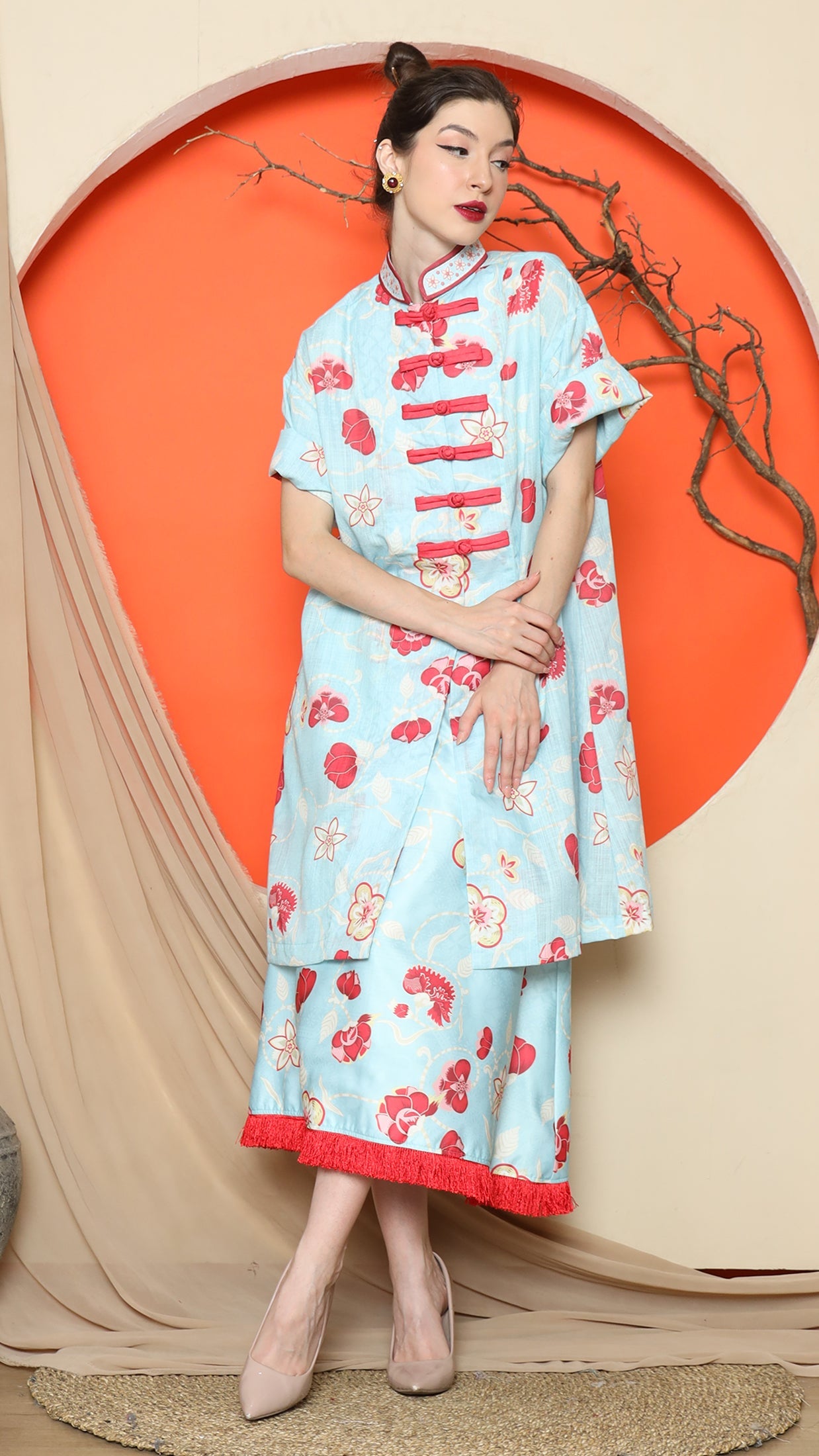 KANZI COLLECTION | Blue Floral Cheongsam Skirt Set