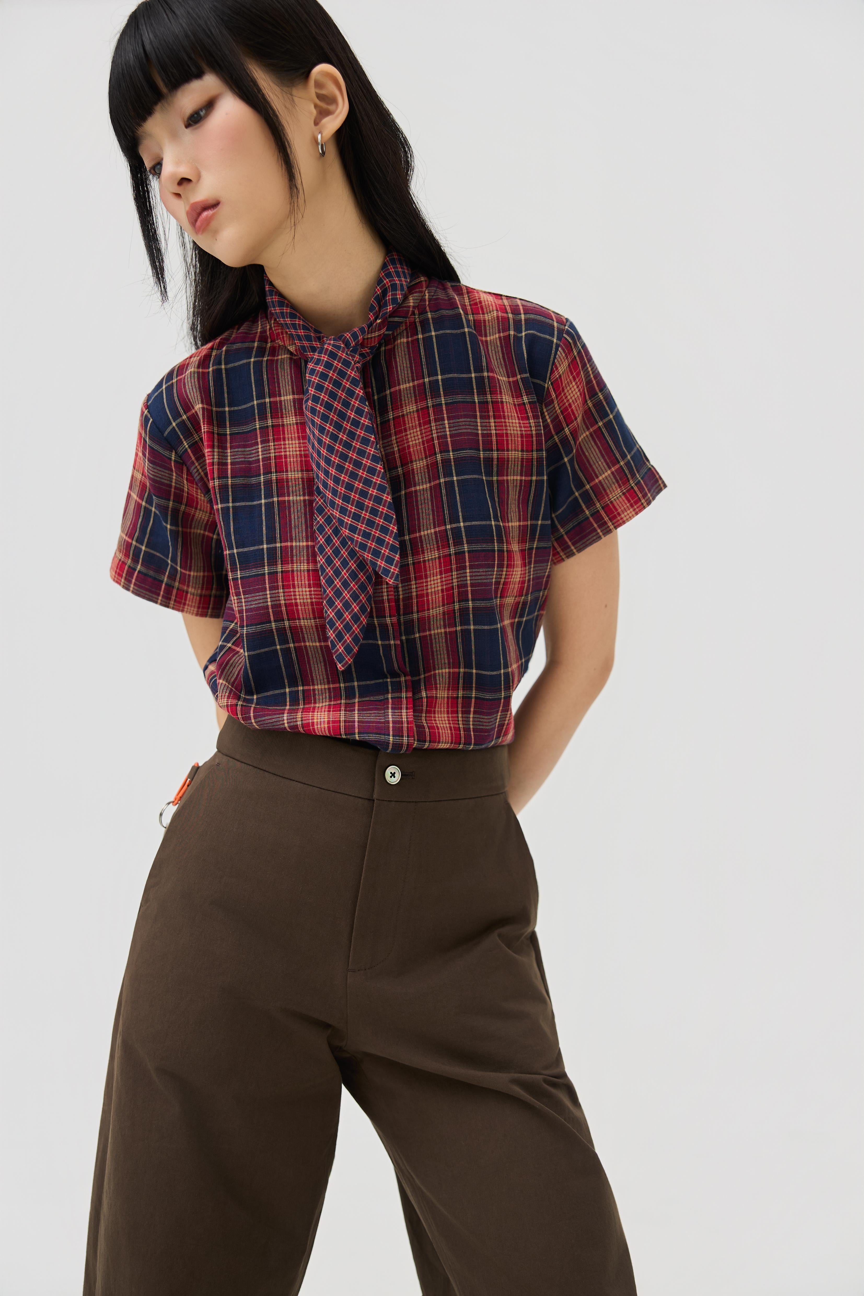 3EIGHTH | Nimai 2-Way Scarf Top In Red Tartan Gauze