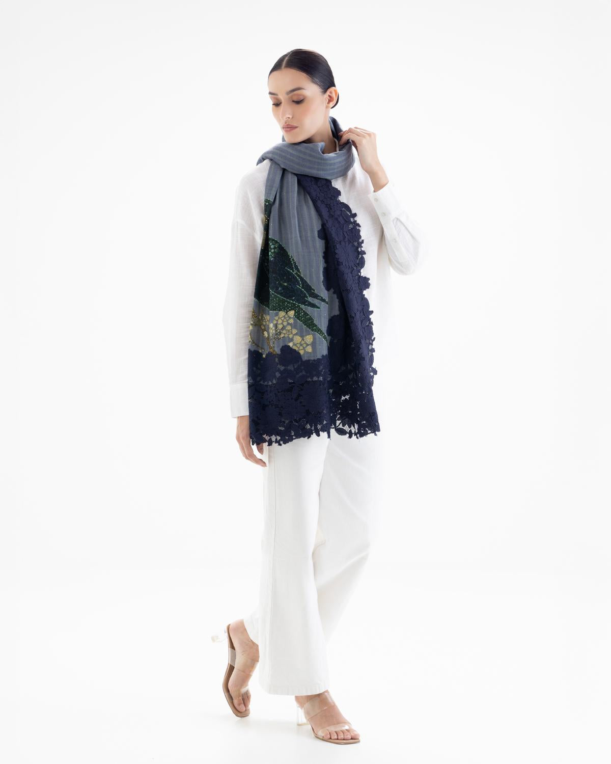 QUEENMARK | AN Assorted Lace Print Crystal Shawl Lighter Blue Blue Bird