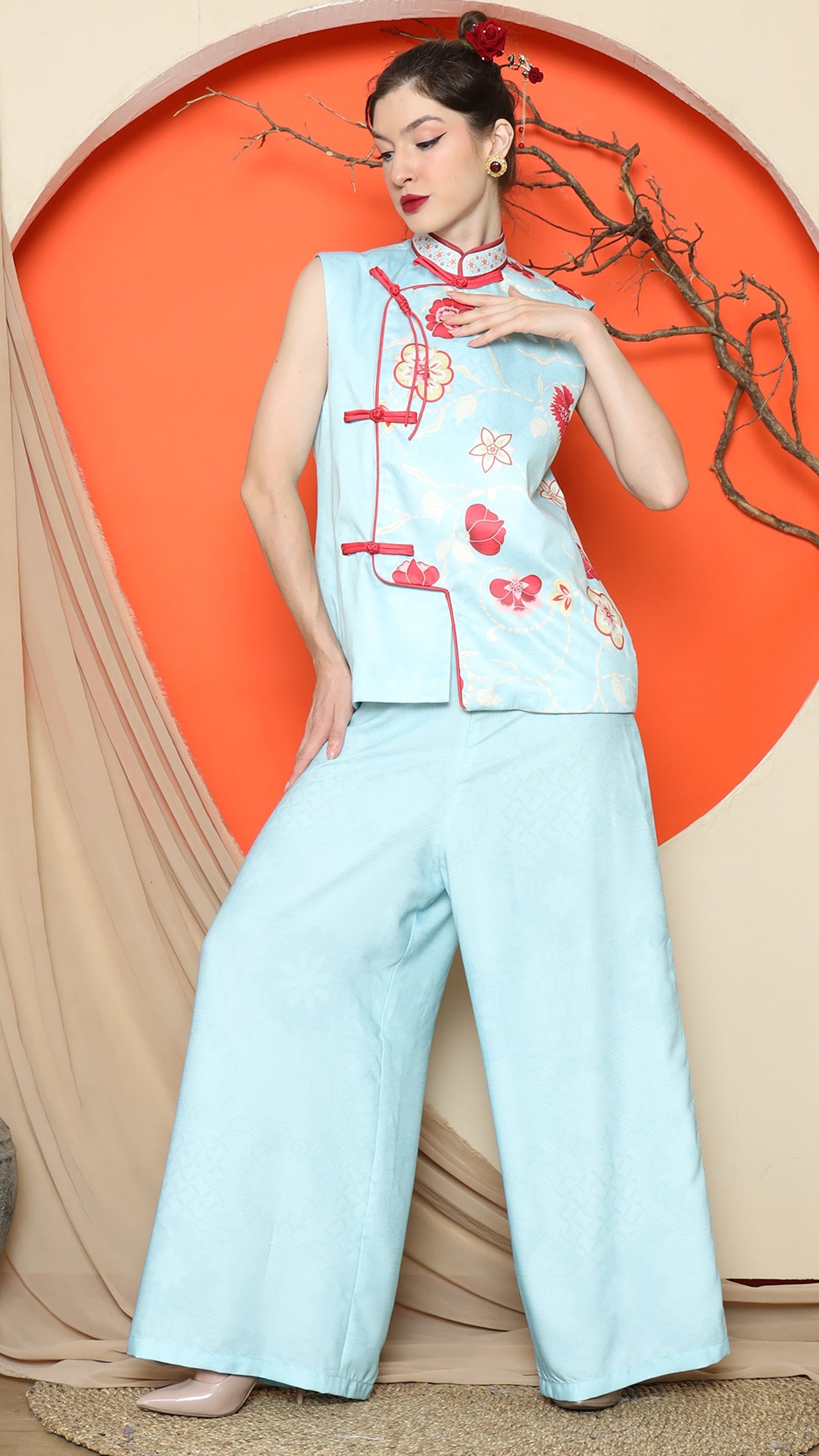 KANZI COLLECTION | Blue Cheongsam Floral Vest With Pant Set