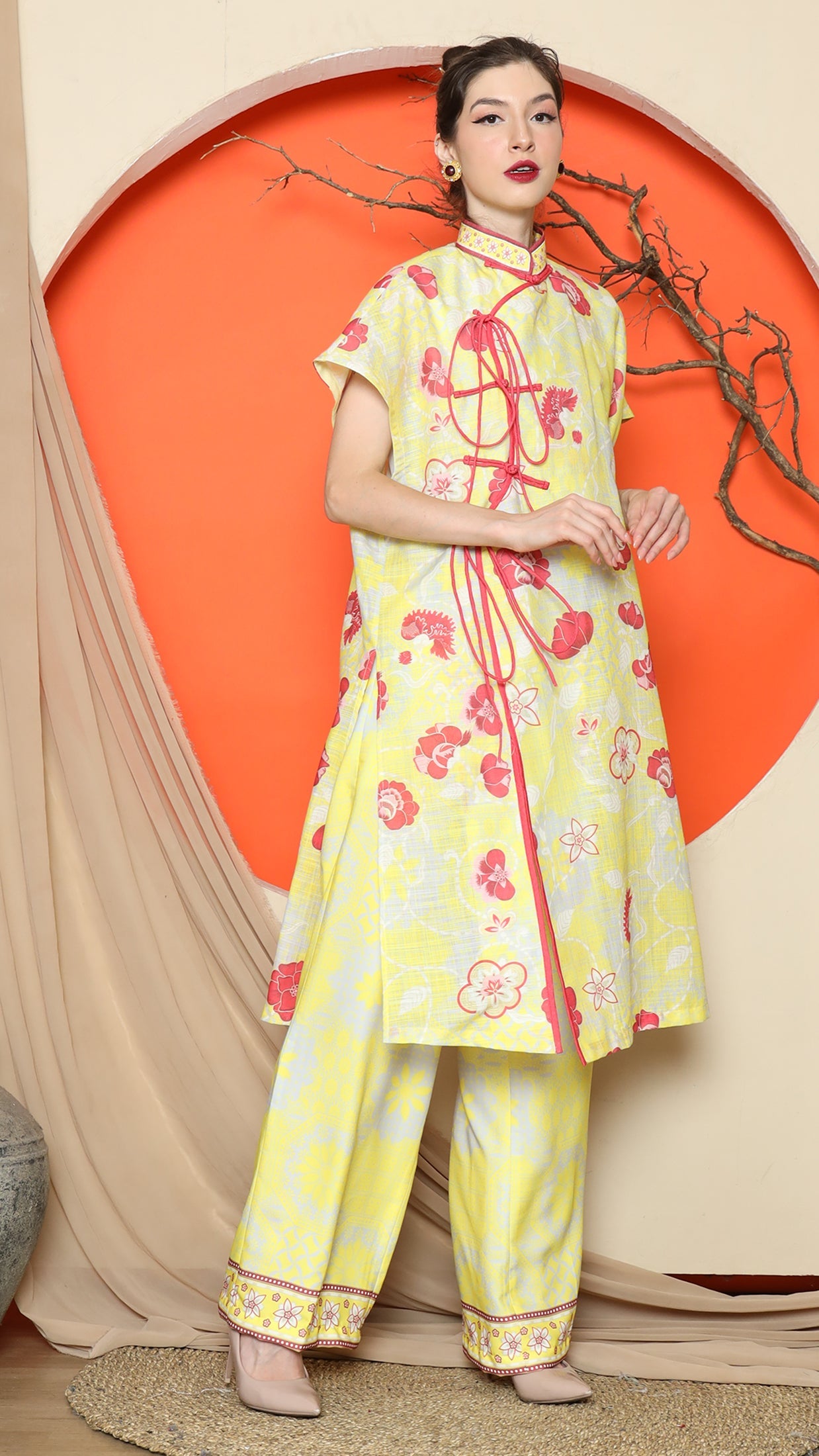 KANZI COLLECTION | Yellow Oriental Floral Cheongsam Pant Set