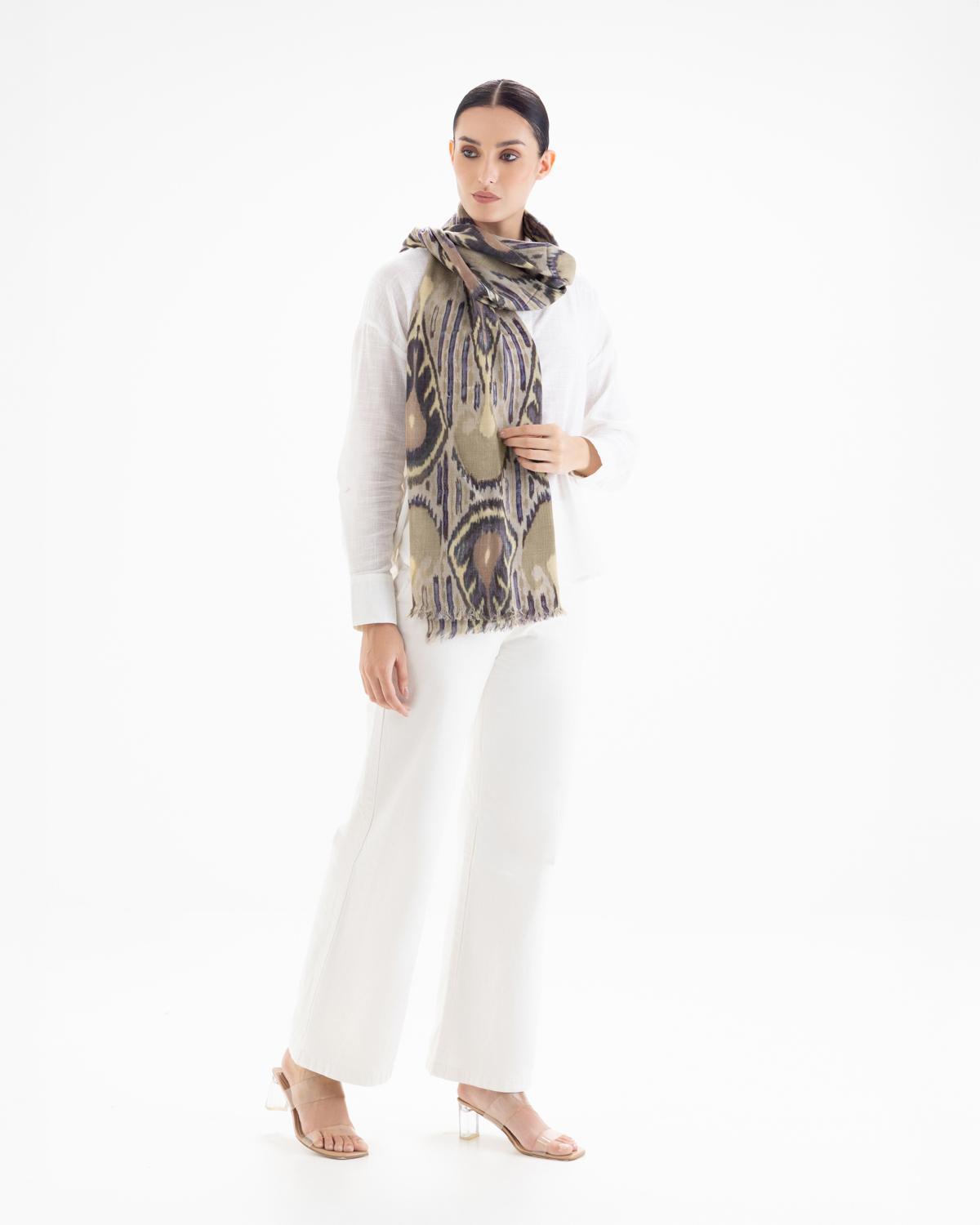 QUEENMARK | AN Patola Ikat Print Beige Blue Stripes