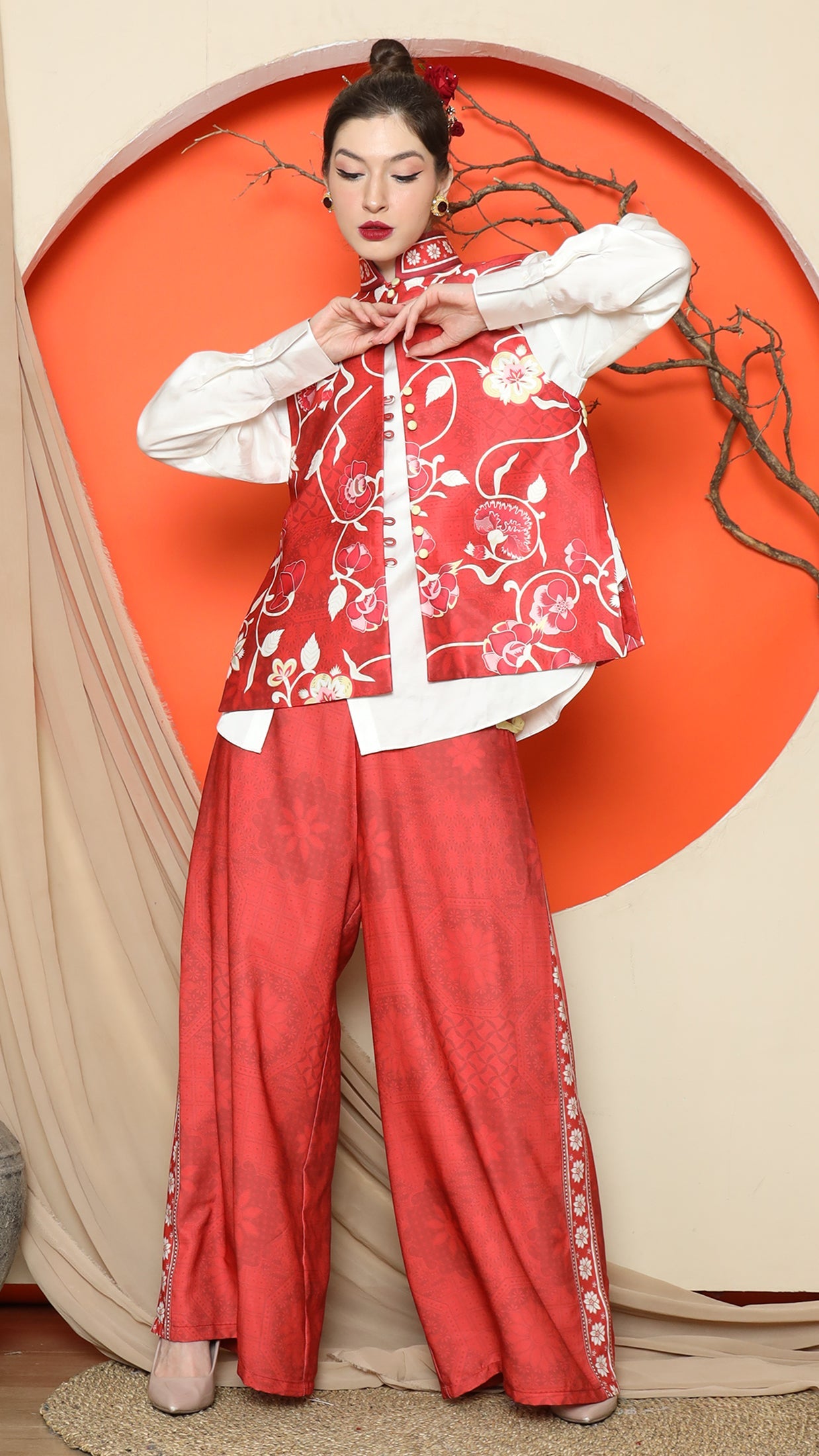 KANZI COLLECTION | Red Floral Side Button Vest With Pants Set