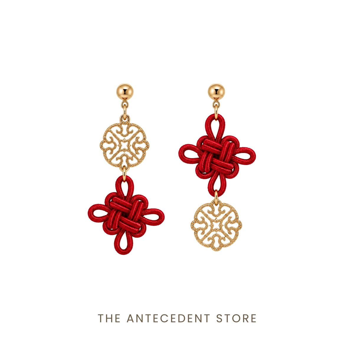 THE ANTECEDENT STORE | Asymmetrical Auspicious Knot Earrings in Bright Red