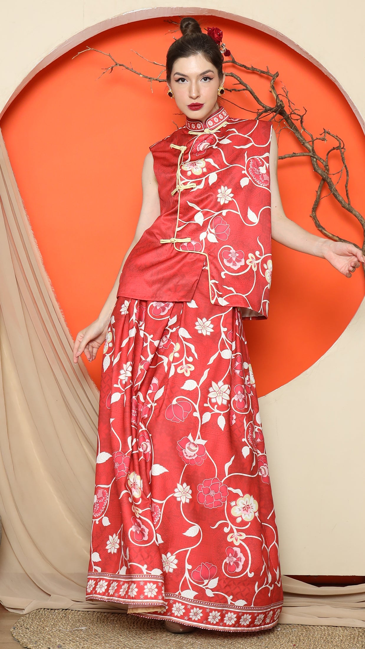 KANZI COLLECTION | Red Cheongsam Floral Vest With Floral Skirt