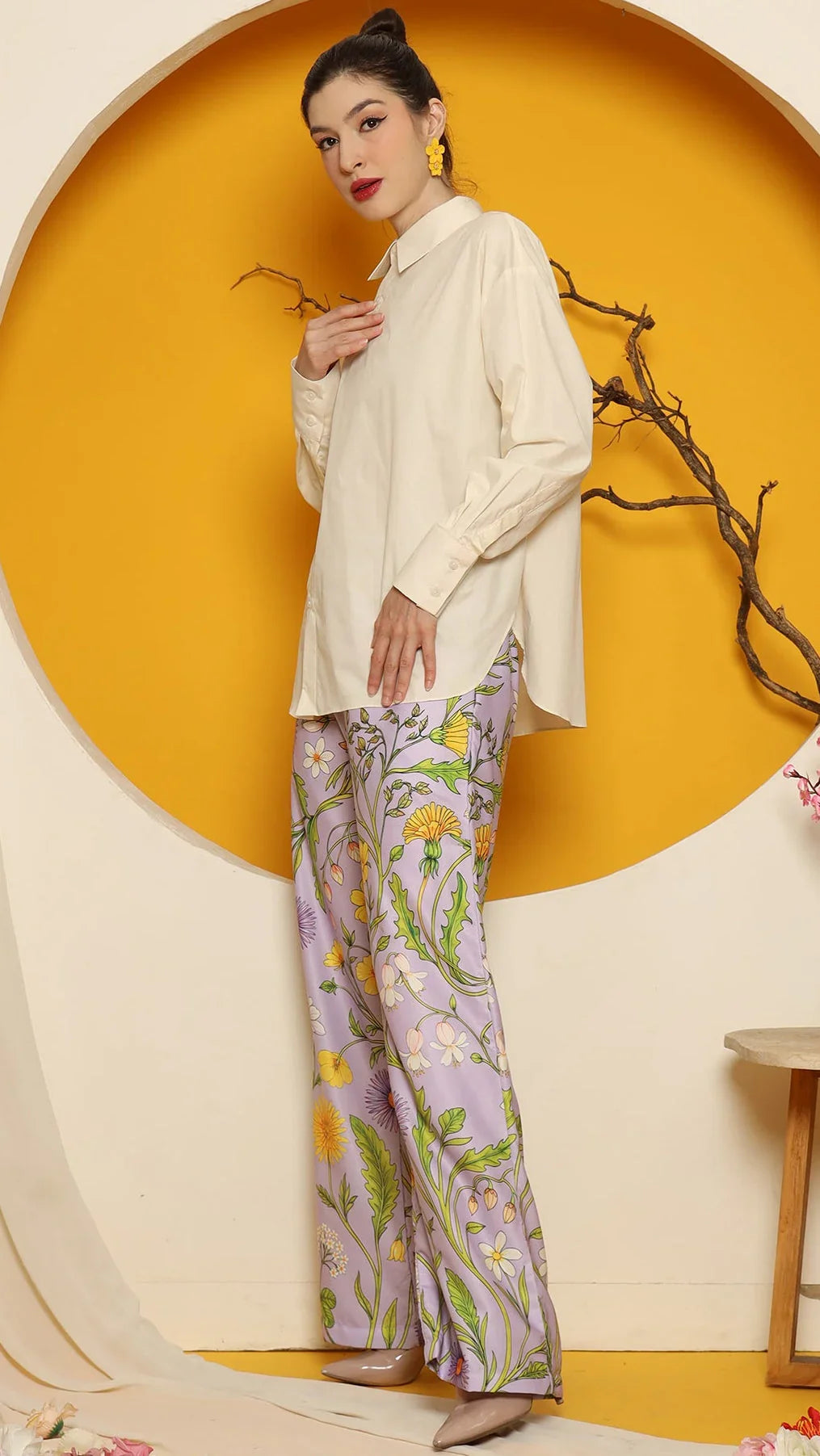KANZI COLLECTION | Cheongsam Button Shirt With Purple Flower Pants Set
