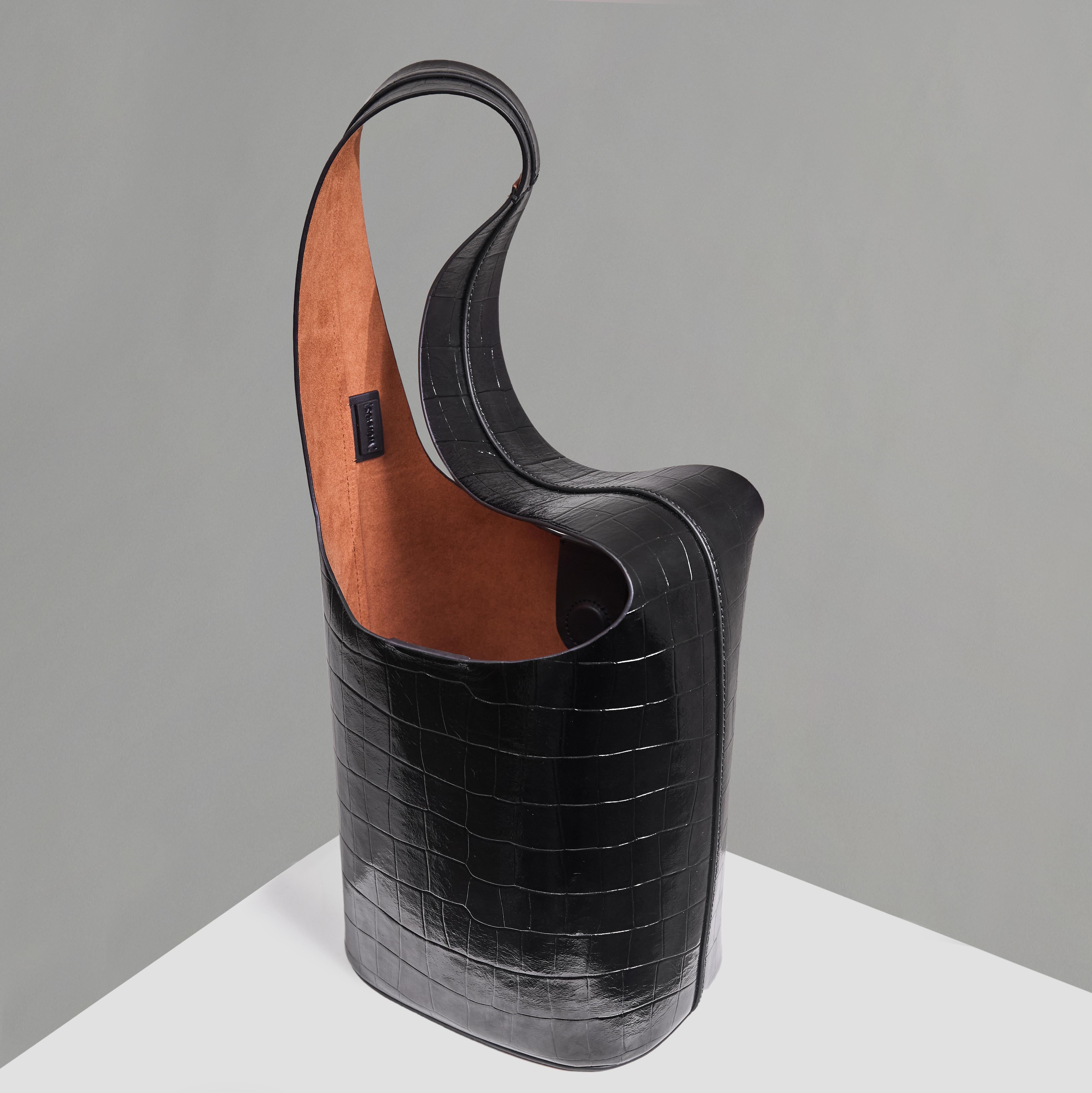WU HAUS | Vessel Black Crocodile Cow Embossed Bucket Bag