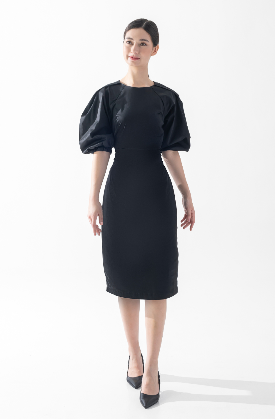 CAELI ECO LUXE | Puff Sleeve Open Back Dress Black