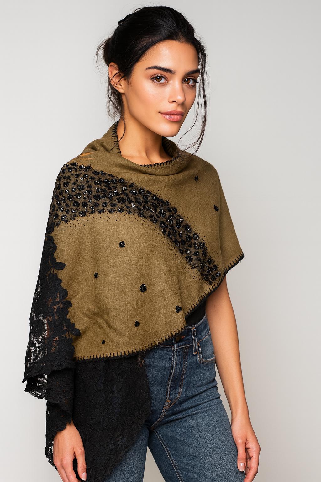 QUEENMARK | AN EMB Olive Green Stole Side Lace Crystal