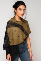 QUEENMARK | AN EMB Olive Green Stole Side Lace Crystal