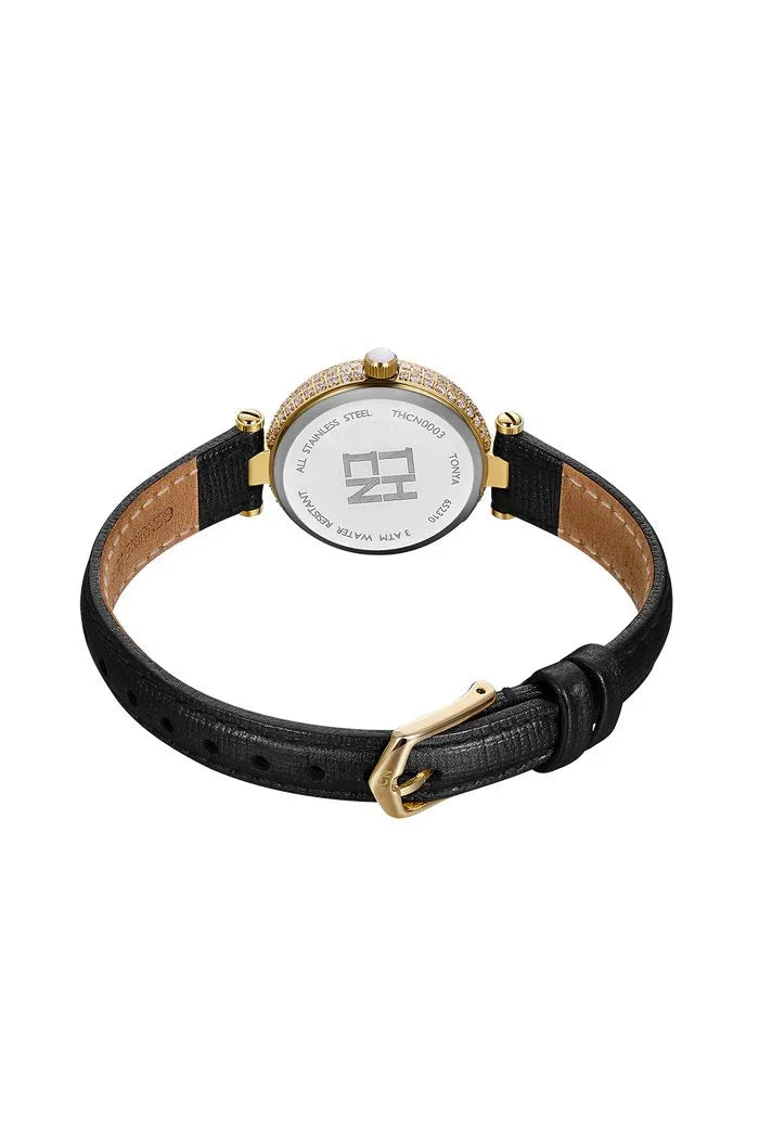BLACK BY BLUE BRAVE | THCN T· I Mother-of-Pearl Dial Black Leather Strap Watch | Gold