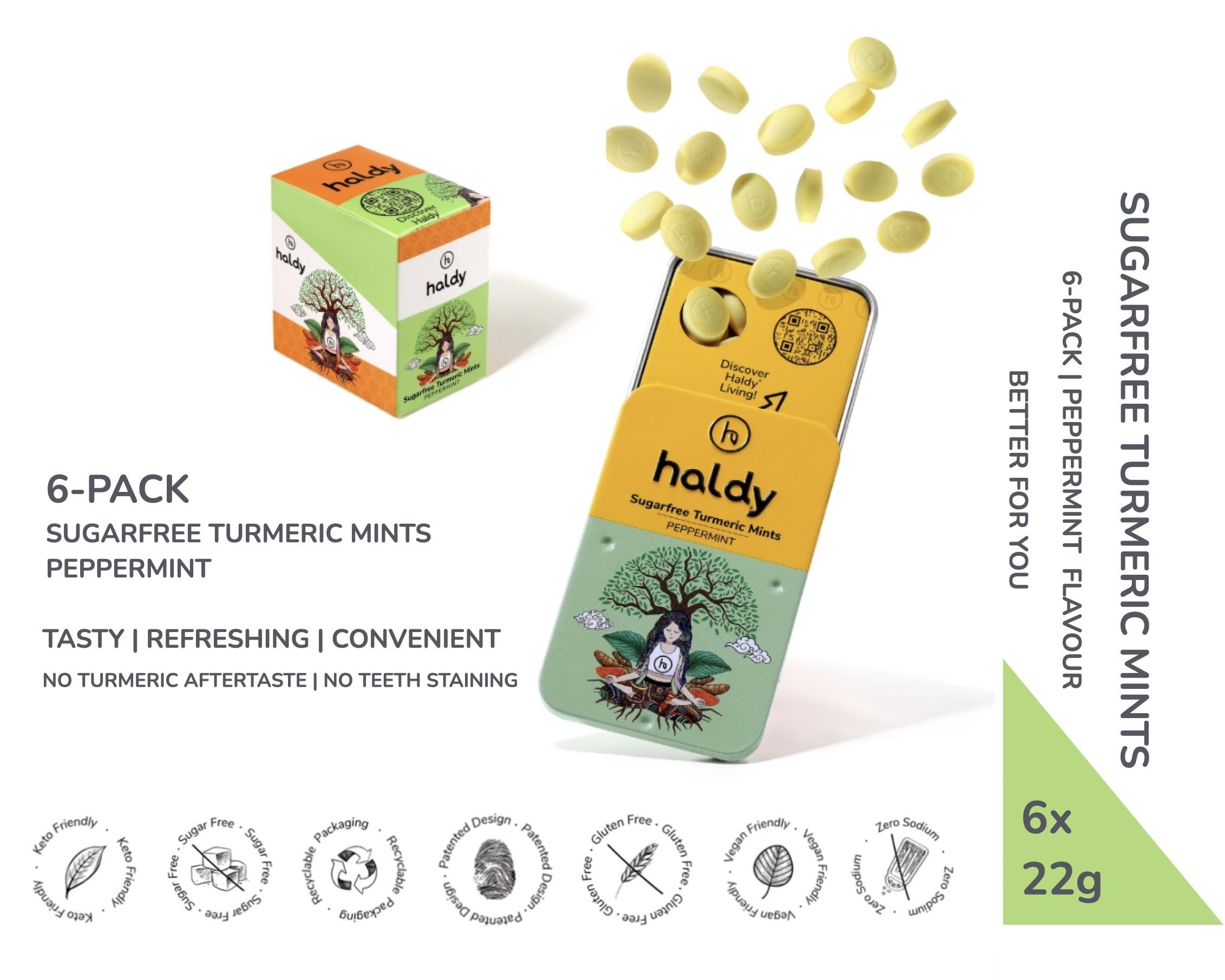 HALDY | Sugarfree Turmeric Mints - Peppermint (6-Pack)