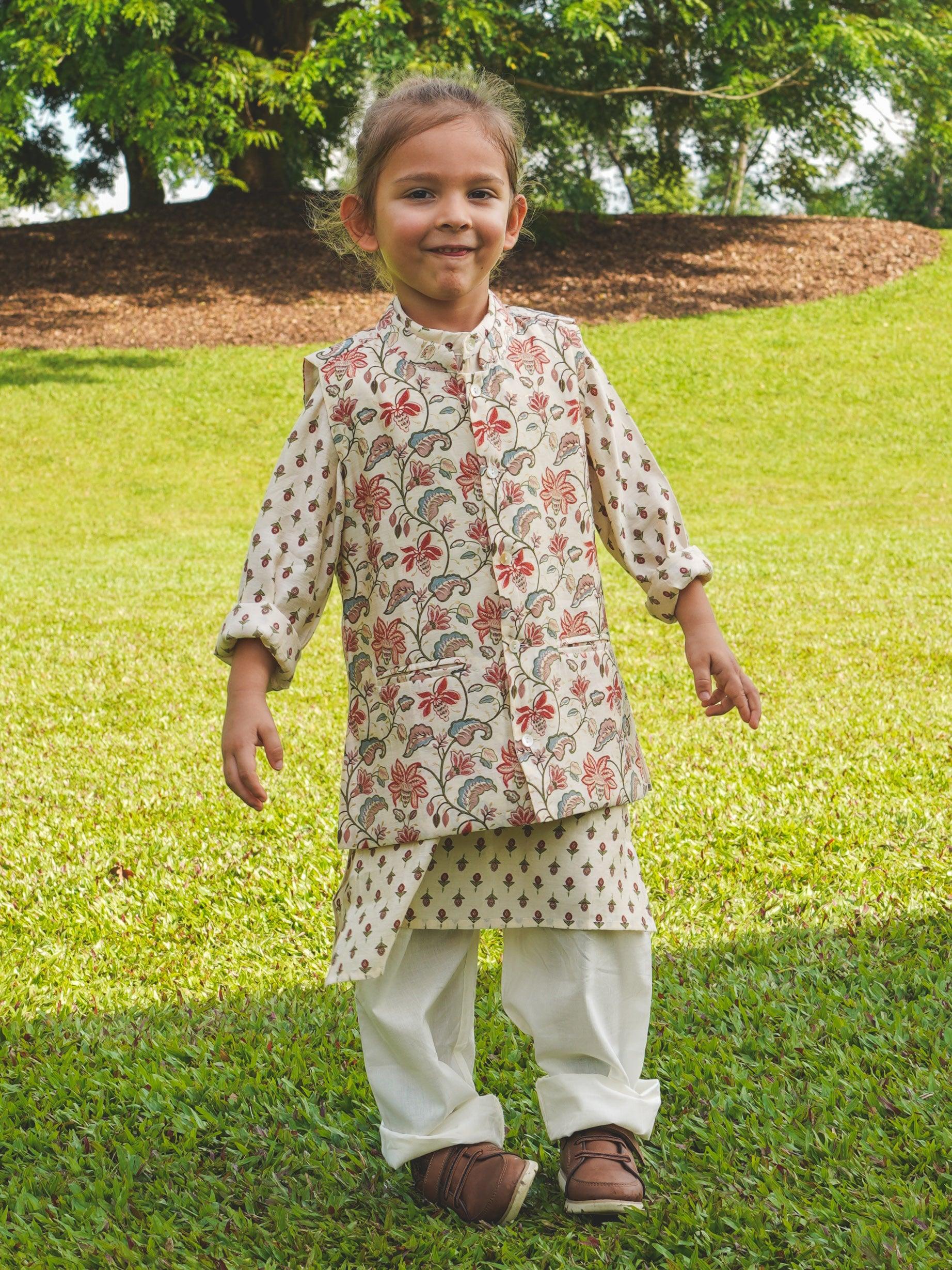 NIMBU | Nia Boys Kurta Pajama Jacket Set In Muslin Cotton