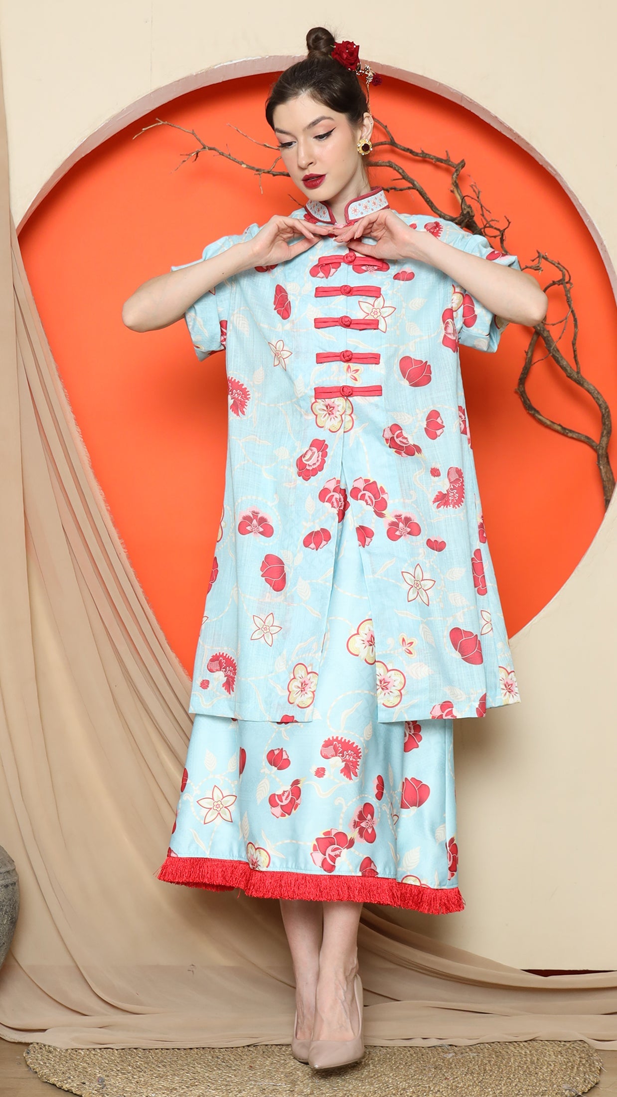 KANZI COLLECTION | Blue Floral Cheongsam Skirt Set