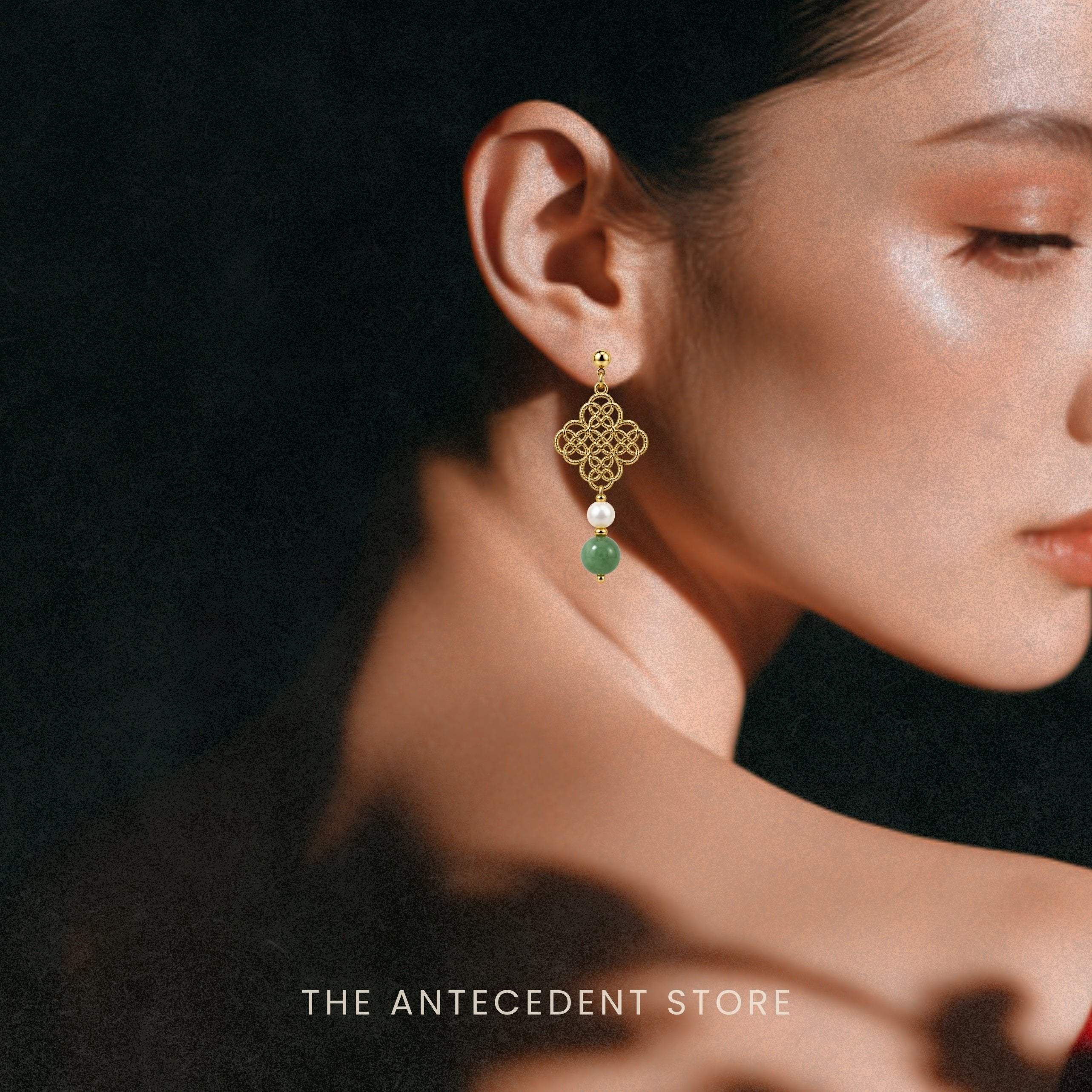 THE ANTECEDENT STORE | Asymmetrical Auspicious Motif Green Aventurine Earrings