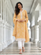 NIMBU | Anaya Yellow Embroidered Women Lace Kurti Pants With Dupatta