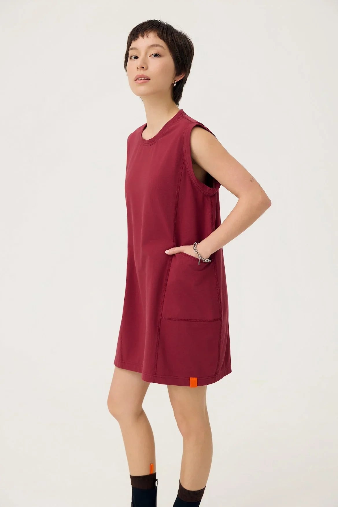 3EIGHTH | Cocoon Jersey Reversible Dress in Burgundy & Sappanwood