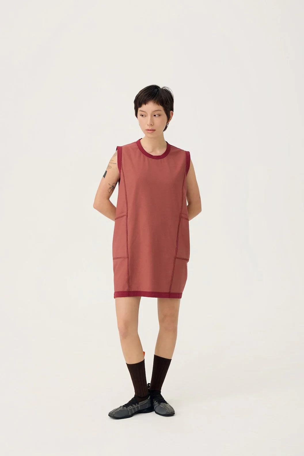 3EIGHTH | Cocoon Jersey Reversible Dress in Burgundy & Sappanwood