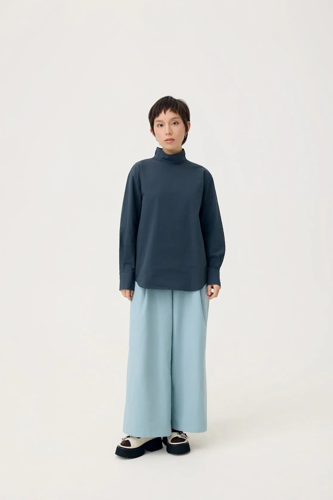 3EIGHTH | Oki Scarf Collar Top in Navy