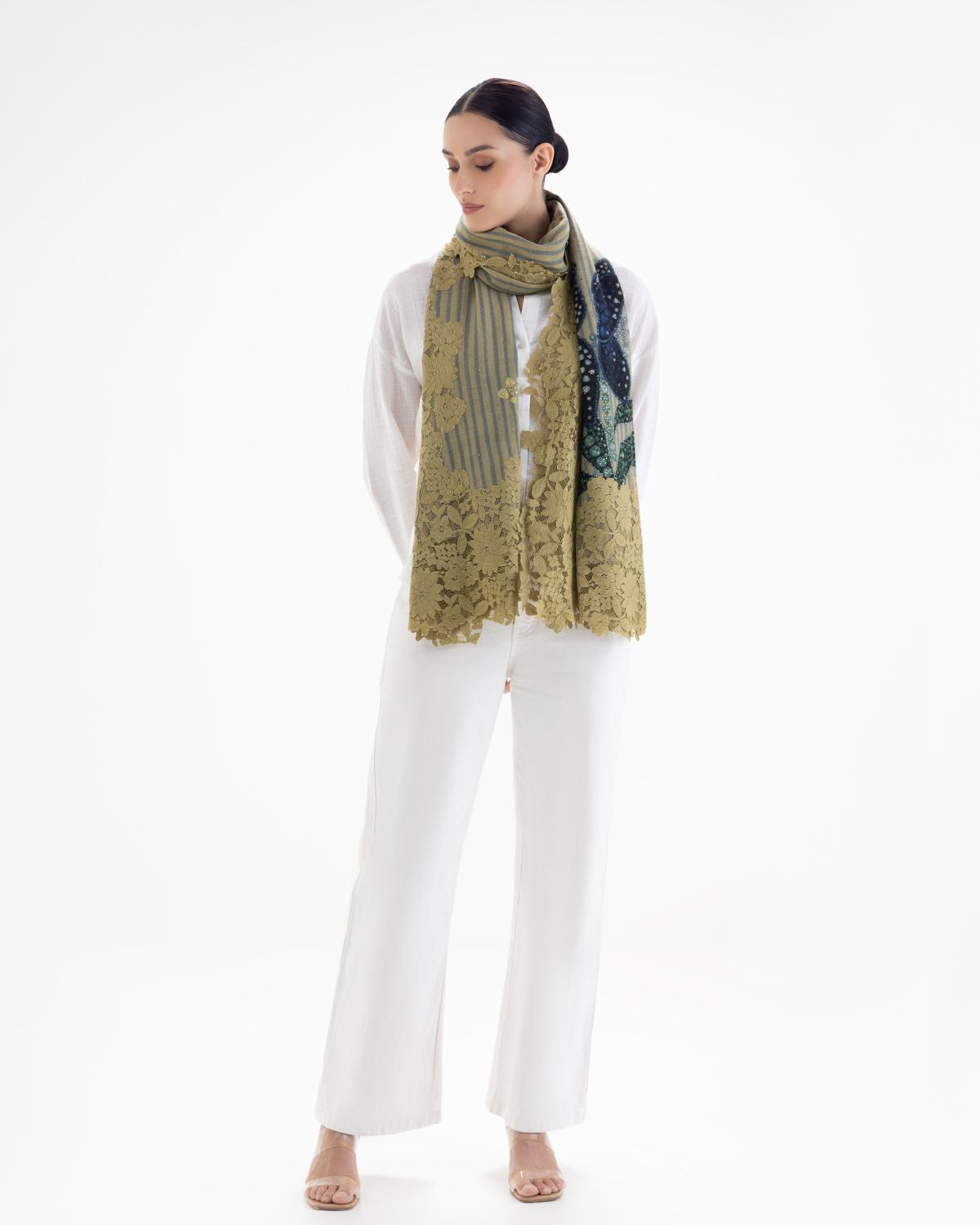 QUEENMARK | AN Assorted Lace Print Crystal Shawl Olive Olive Blue Flower