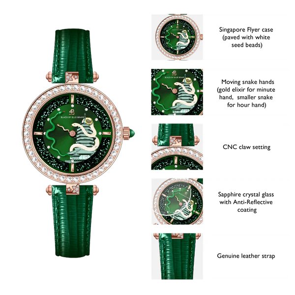 BLACK BY BLUE BRAVE | Snake Watch 34mm (Green Dial with Moving Snake Hands and Leather Strap)
