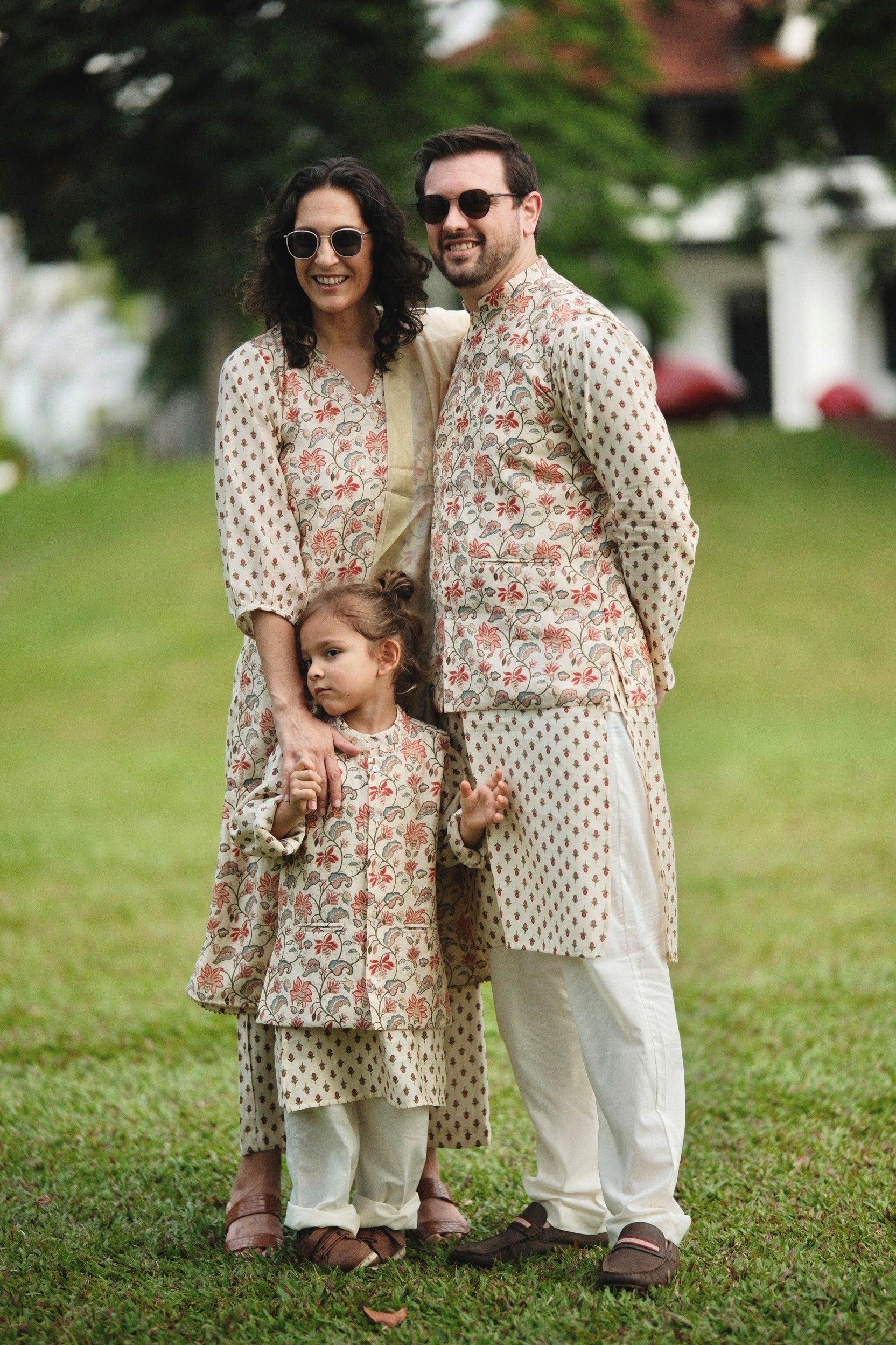 NIMBU | Nia Mens Pearl White Floral Kurta Pajama Jacket Set In Muslin Cotton