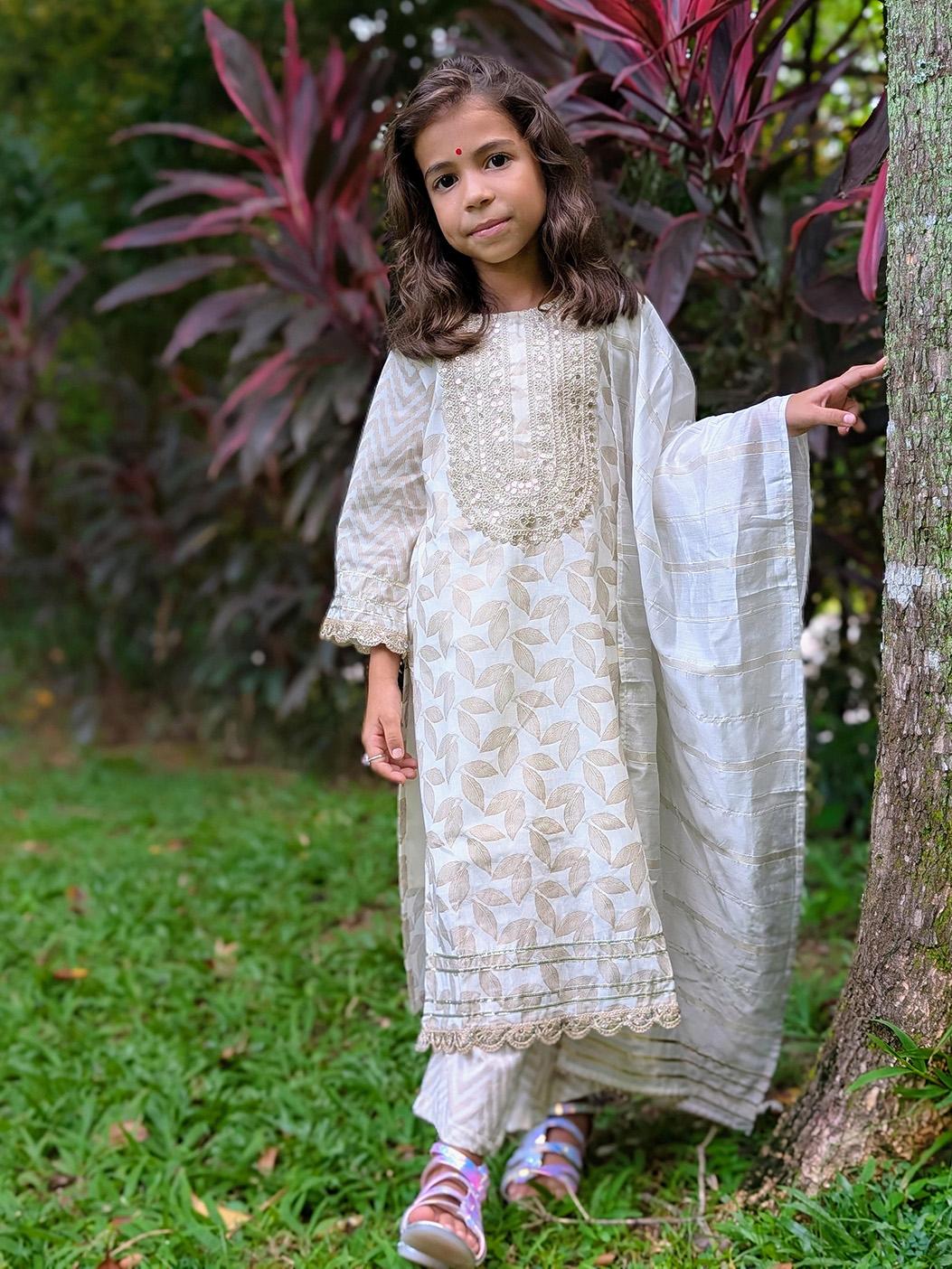 NIMBU | Zoya Girls White & Gold Kurta Salwar in Cotton