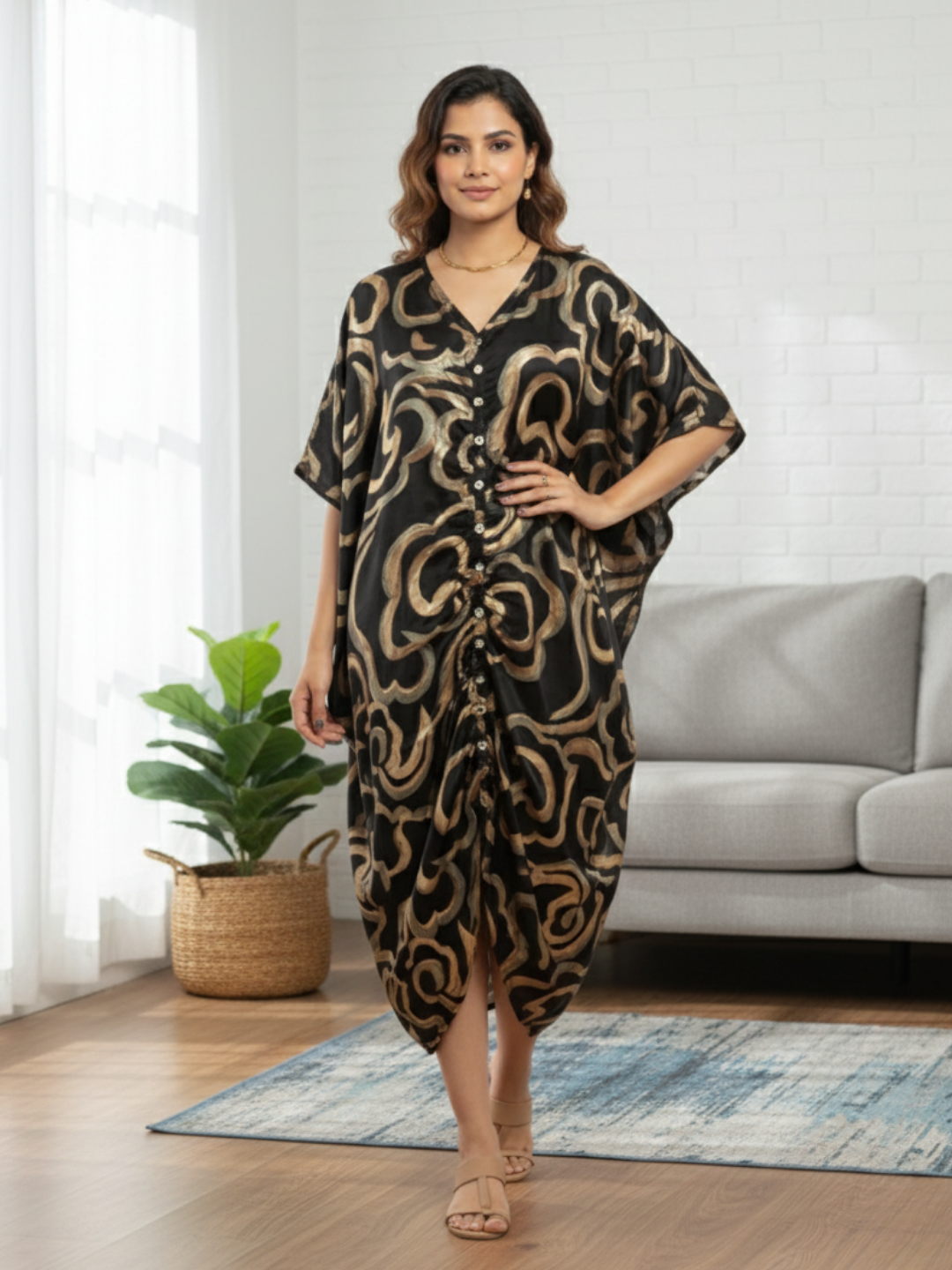 NIMBU | Mira Noir Black Women Ruched Kaftan In Cotton