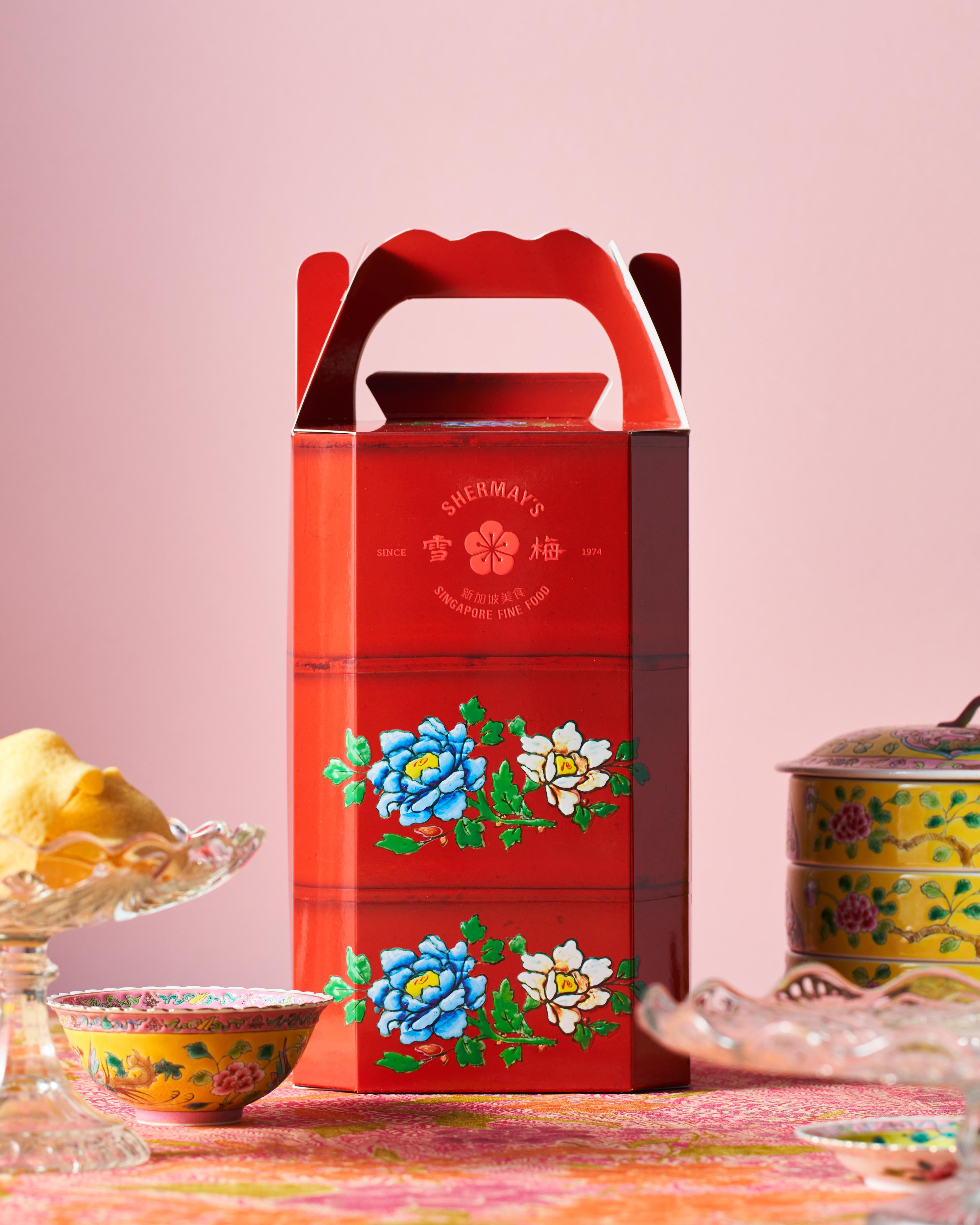 SHERMAY'S SINGAPORE FINE FOOD | Lacquer Red Tingkat Gift Set - Keropok and Sauces