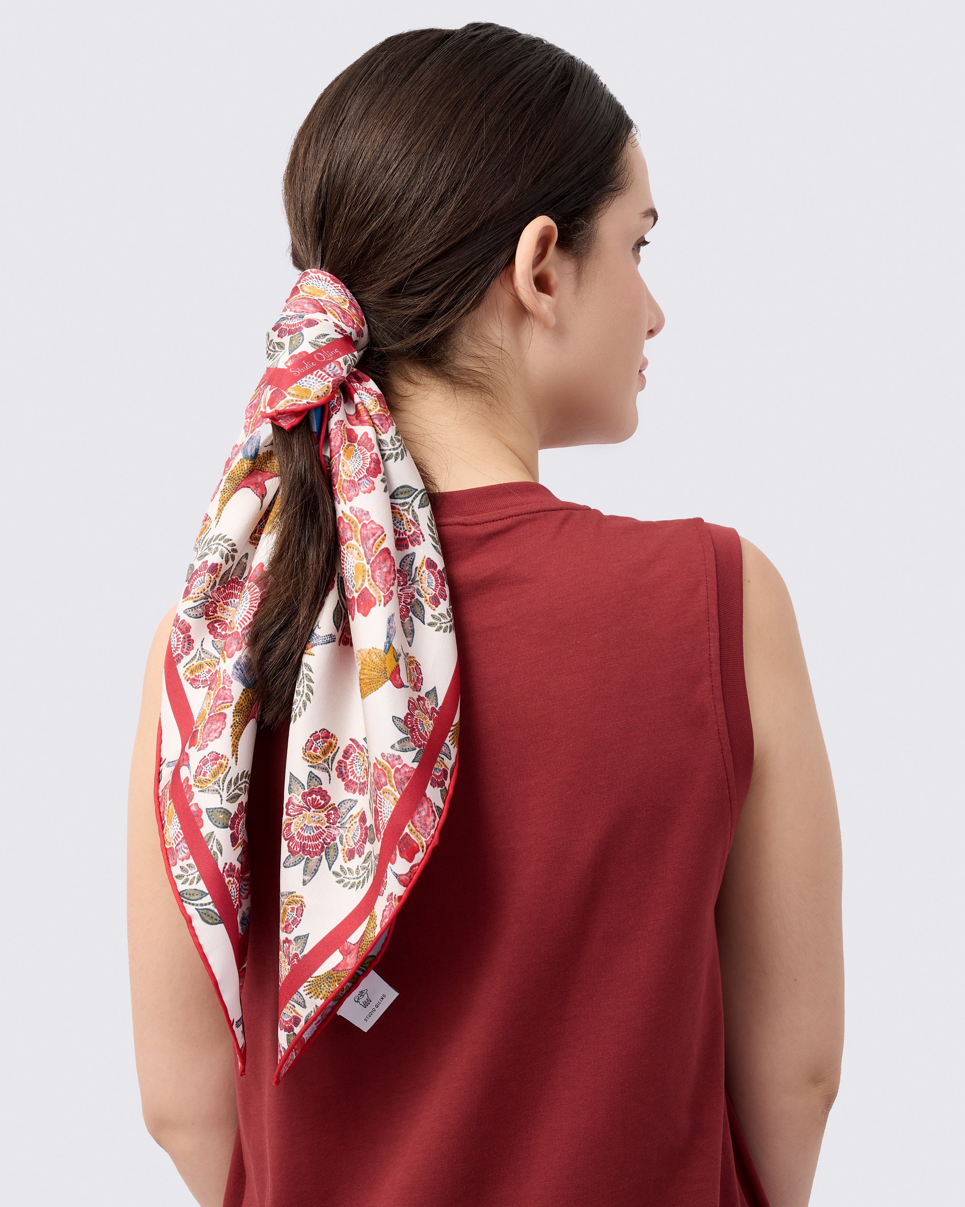 STUDIO QILING | Crimson Sunbird Scarlet Sky Double Side Silk Scarf 65