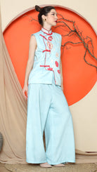 KANZI COLLECTION | Blue Cheongsam Floral Vest With Pant Set