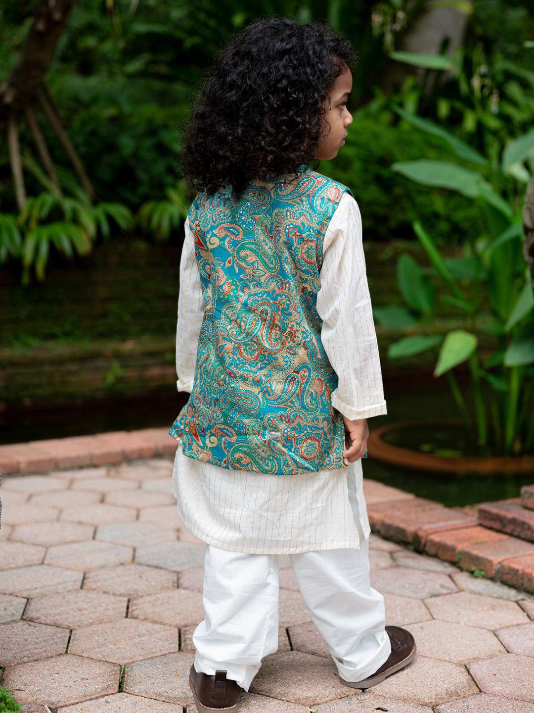 NIMBU | Shan Boys Muslin Cotton Kurta Pajama Jacket Set In Green Paisley