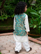 NIMBU | Shan Boys Muslin Cotton Kurta Pajama Jacket Set In Green Paisley