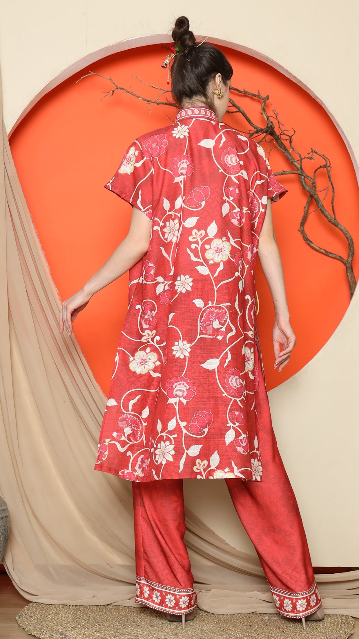 KANZI COLLECTION | Red Oriental Floral Cheongsam Pant Set