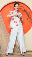 KANZI COLLECTION | Grey Cheongsam Floral Vest With Wide Leg Pant Set