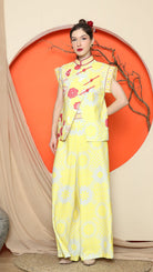 KANZI COLLECTION | Yellow Cheongsam Floral Vest With Wide Leg Pant Set