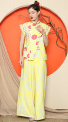 KANZI COLLECTION | Yellow Cheongsam Floral Vest With Wide Leg Pant Set