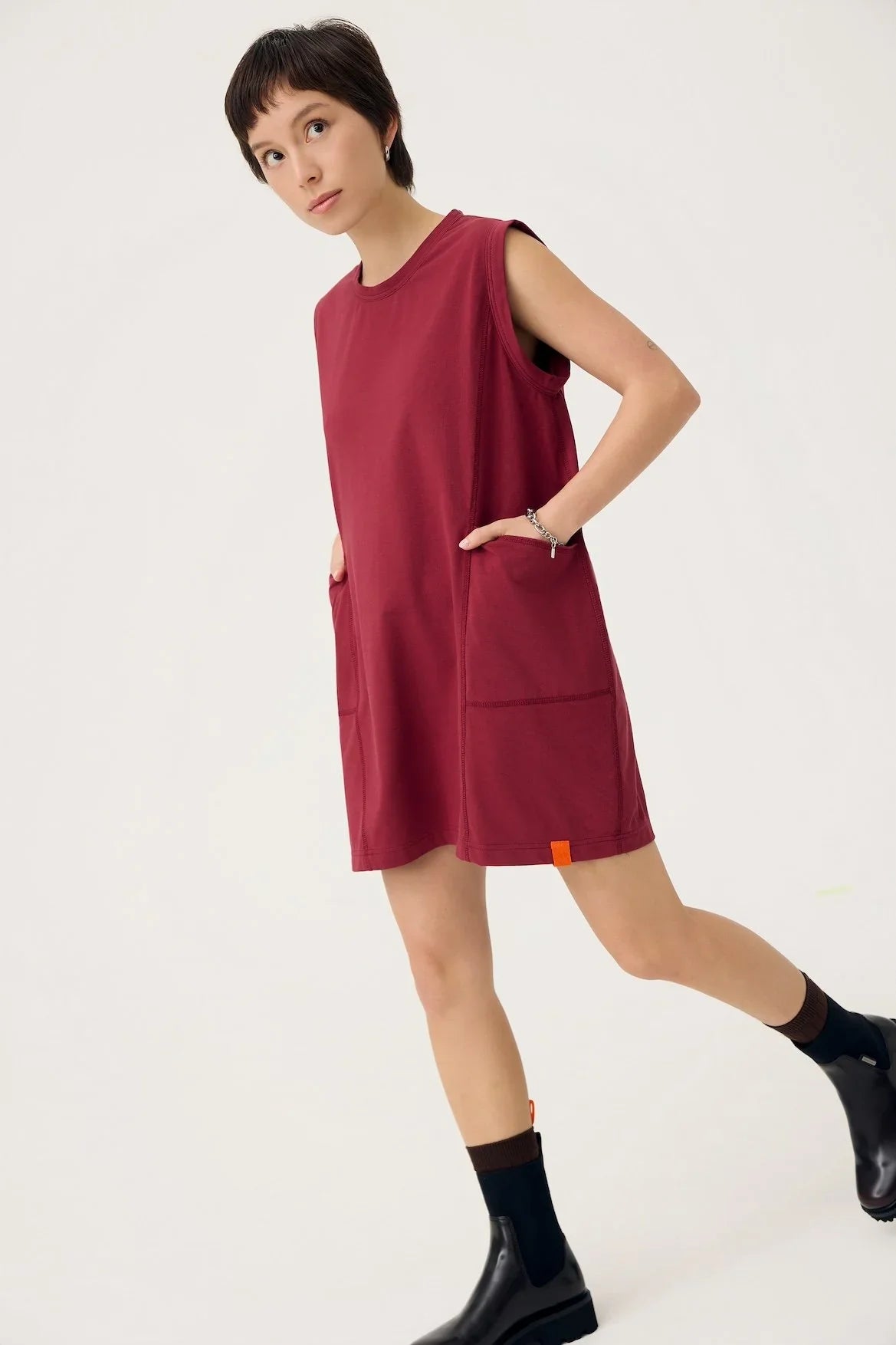 3EIGHTH | Cocoon Jersey Reversible Dress in Burgundy & Sappanwood