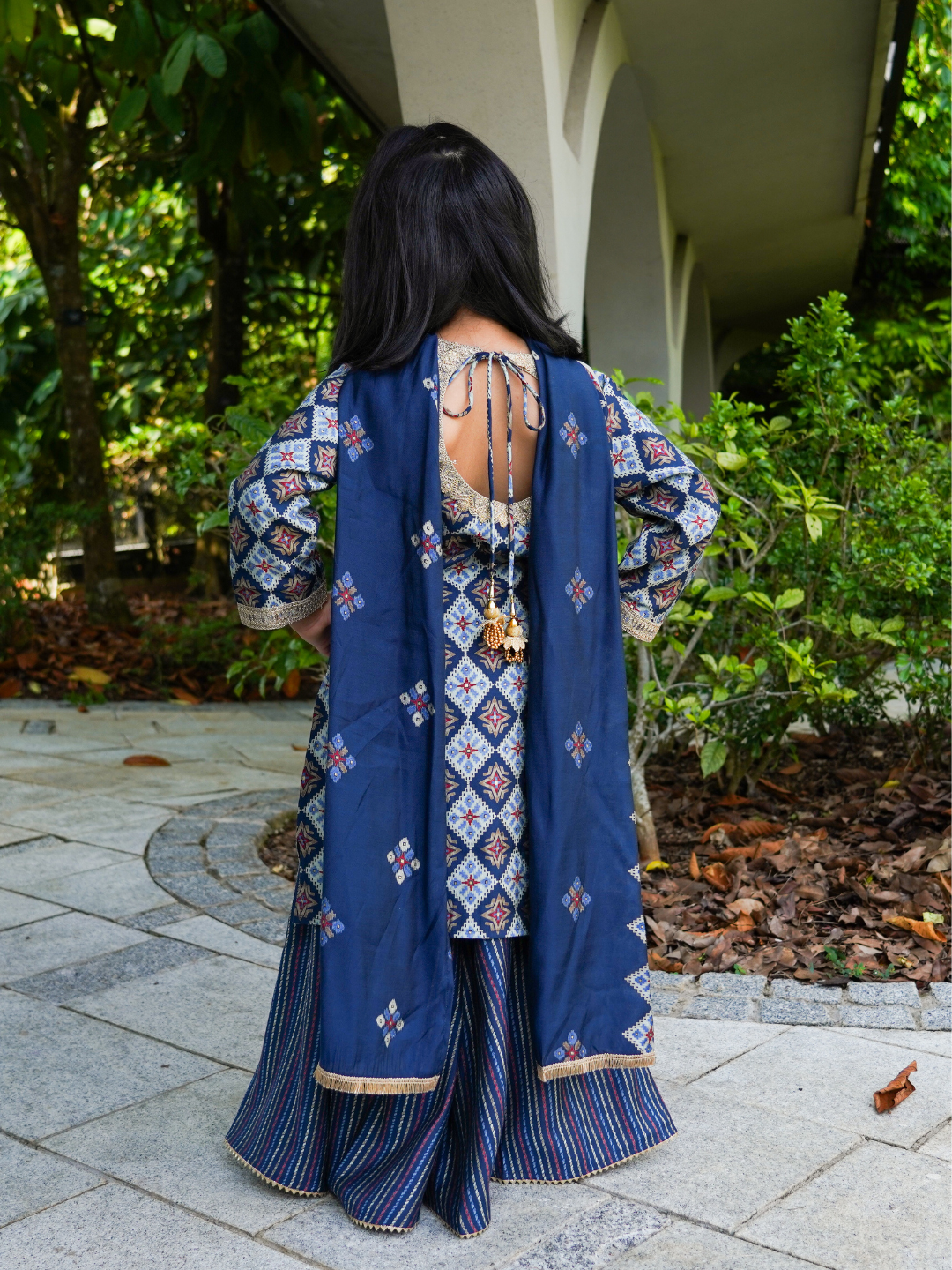 NIMBU | Tara Blue Girls Choga Style Kurta & Palazzo Set in Muslin Cotton