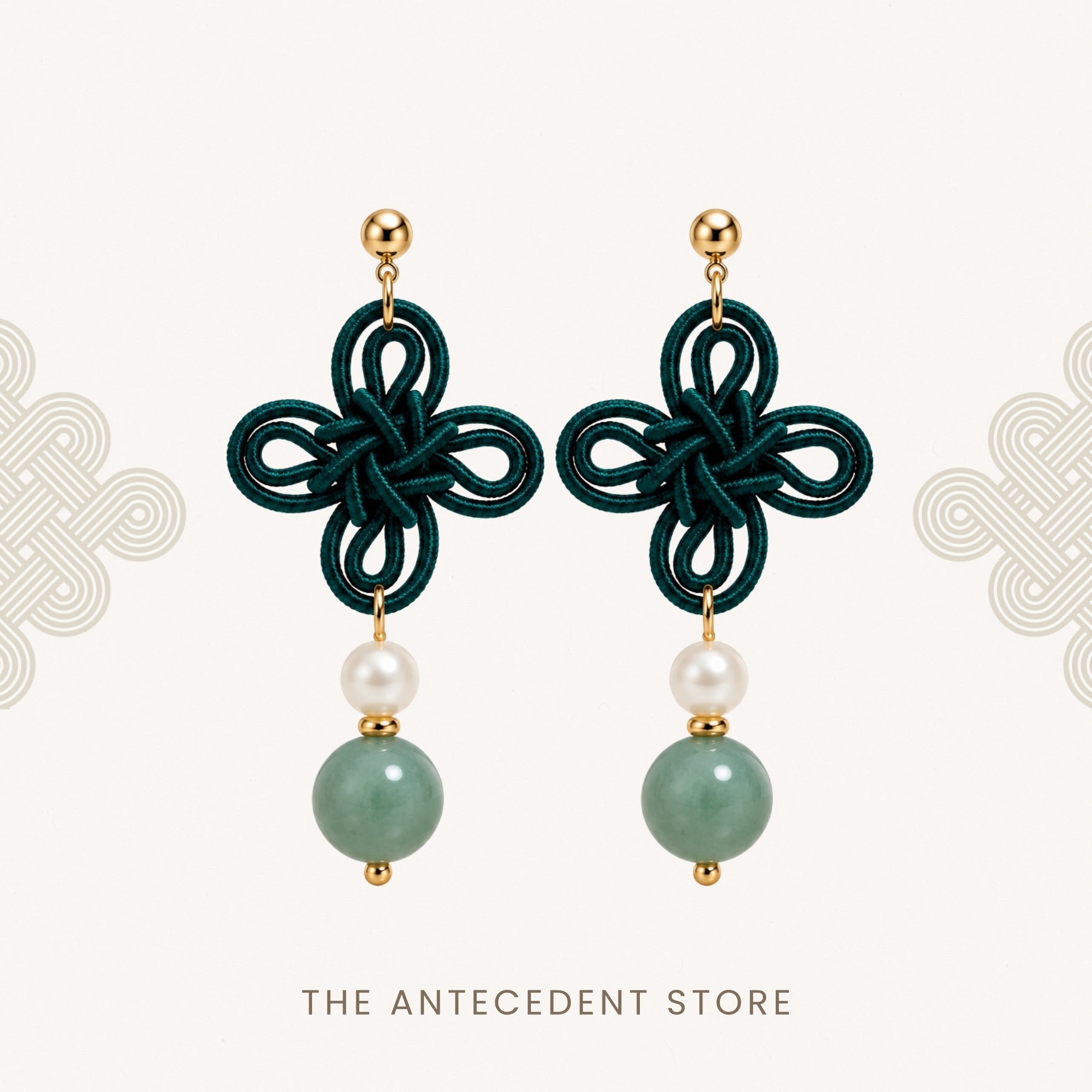 THE ANTECEDENT STORE | 吉祥结 | Statement Auspicious Knot with Green Aventurine Earrings