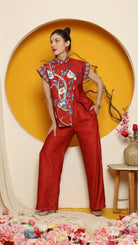 KANZI COLLECTION | Red Cheongsam Flower Vest With Pant Set