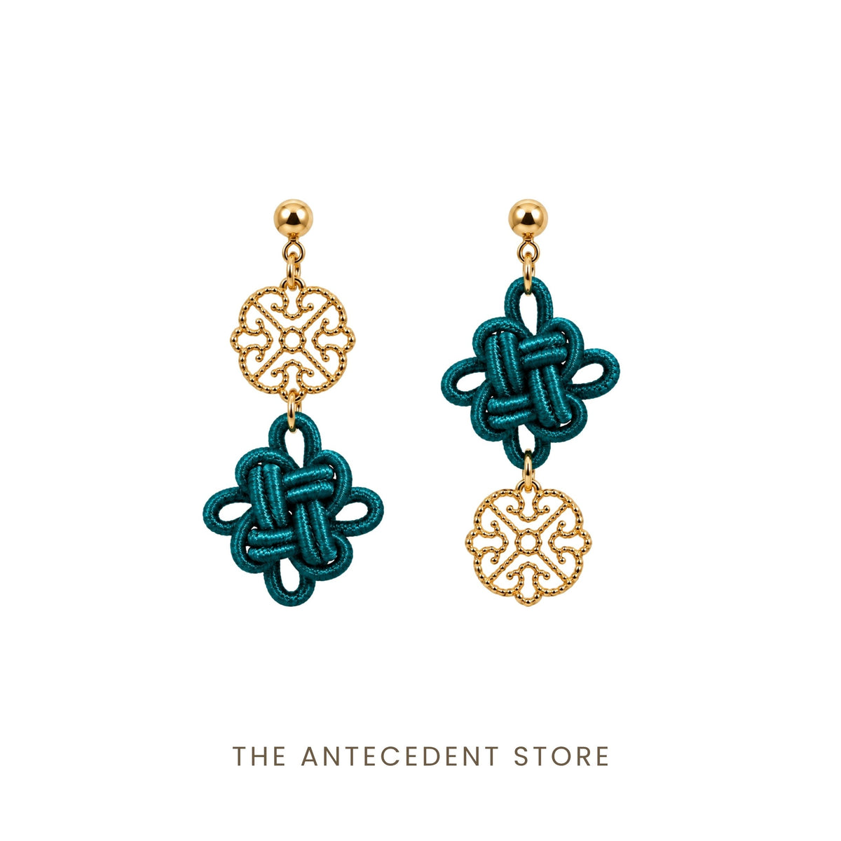 THE ANTECEDENT STORE | Asymmetrical Auspicious Knot Earrings in Deep Teal