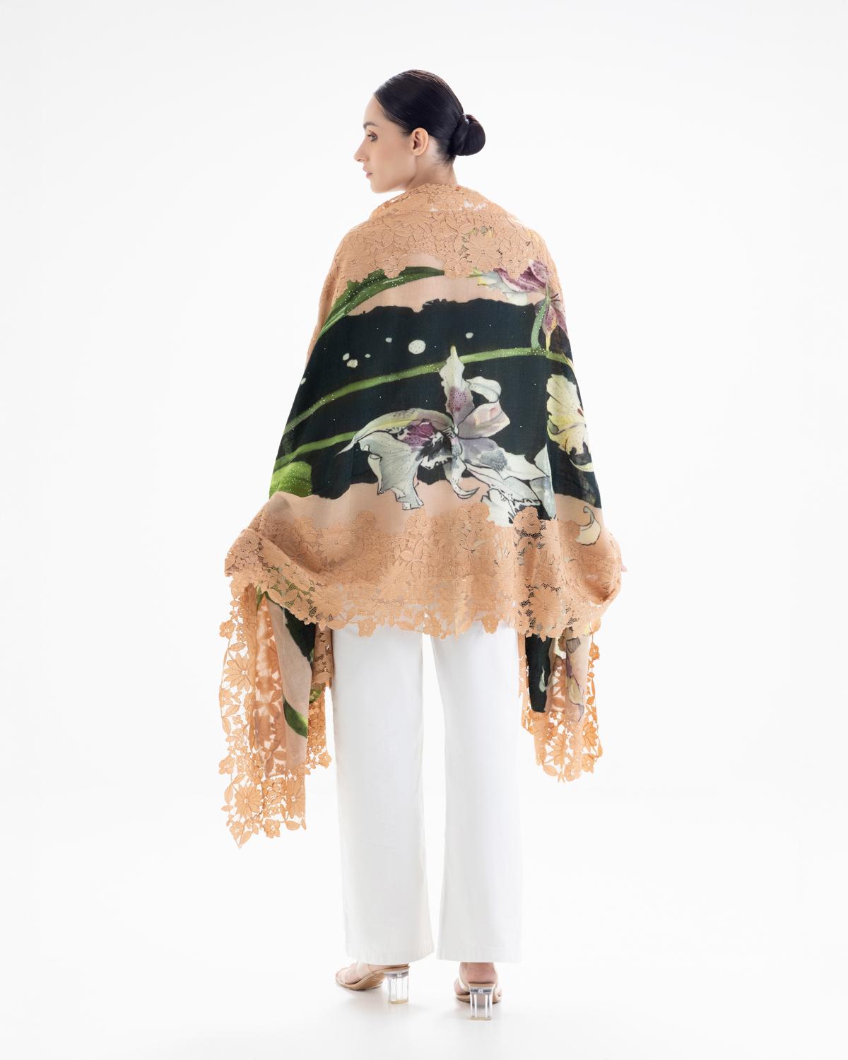 QUEENMARK | AN Assorted Lace Print Crystal Shawl Dark Green Peach