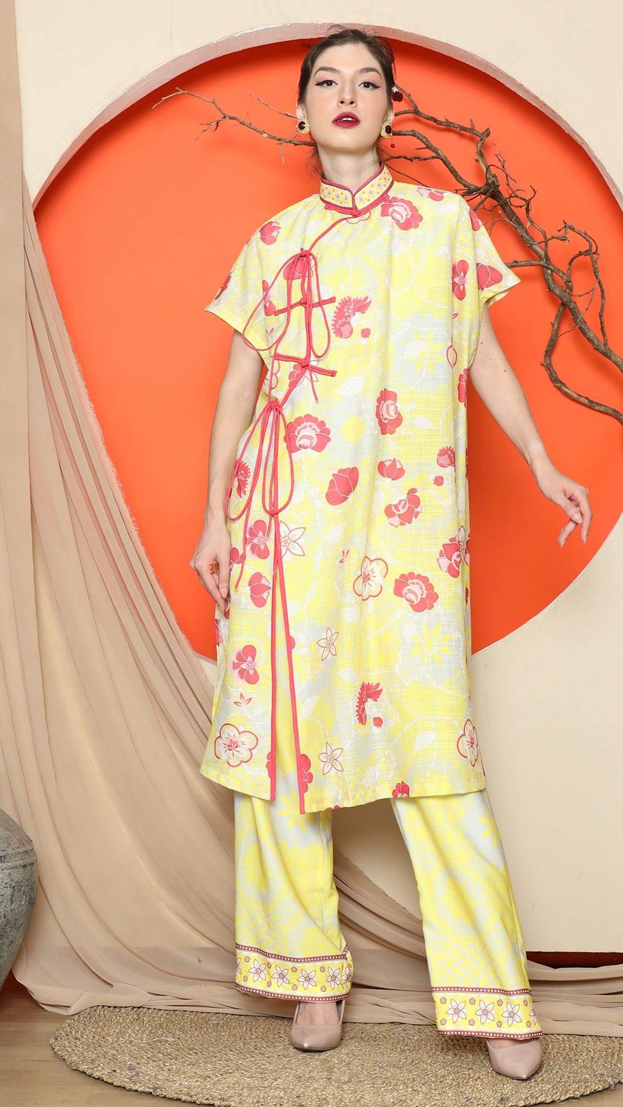 KANZI COLLECTION | Yellow Oriental Floral Cheongsam Pant Set
