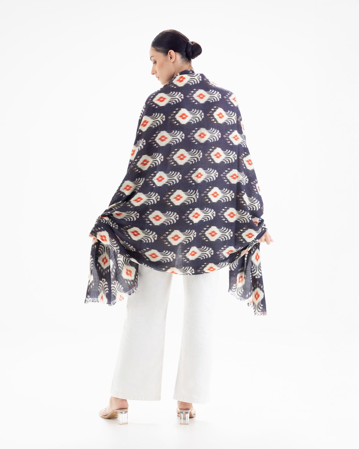 QUEENMARK | AN Patola Ikat Print Blue Orange Dots